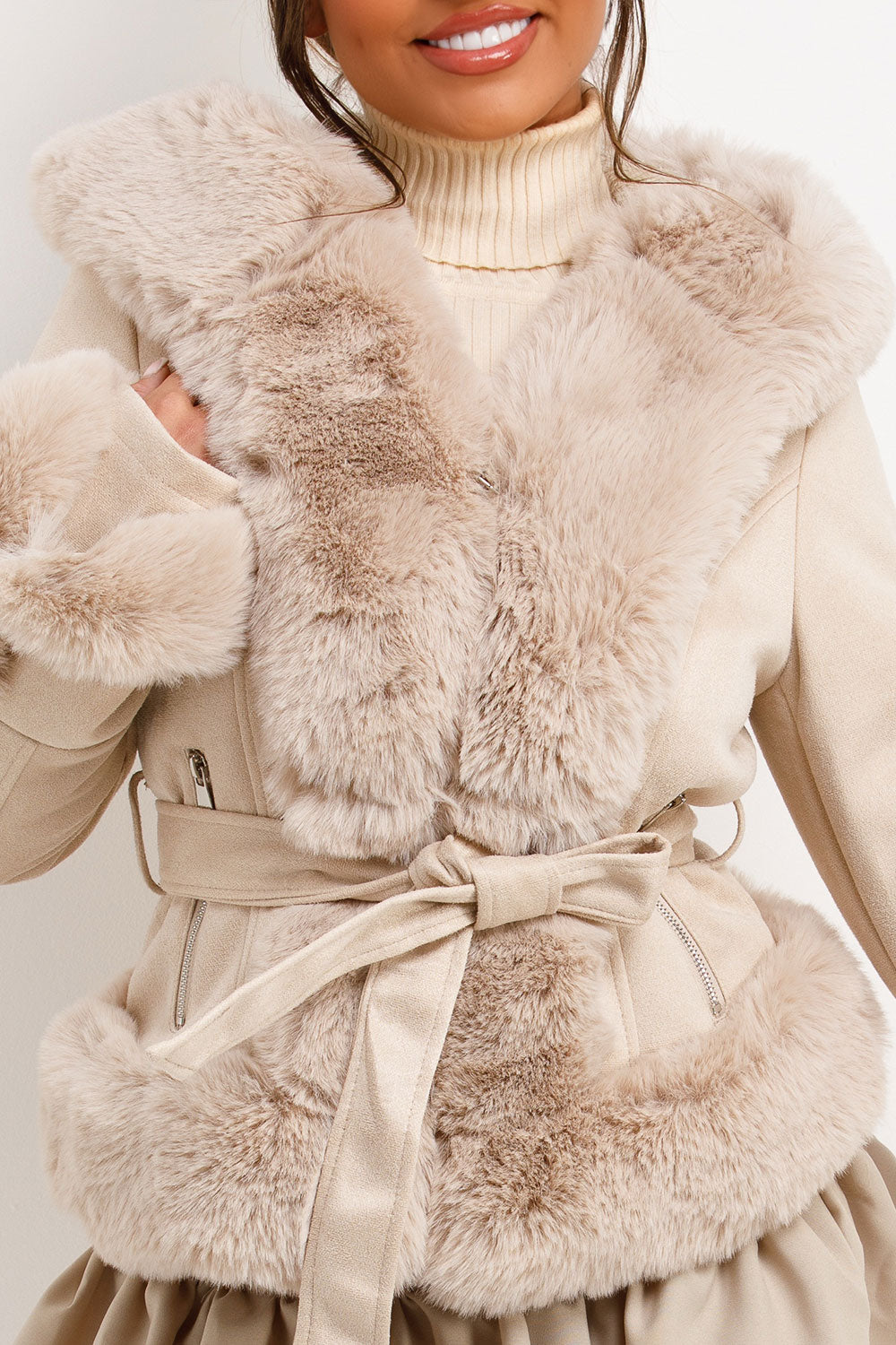 Faux Fur Faux Suede Jacket with Belt Beige | Xtralitty