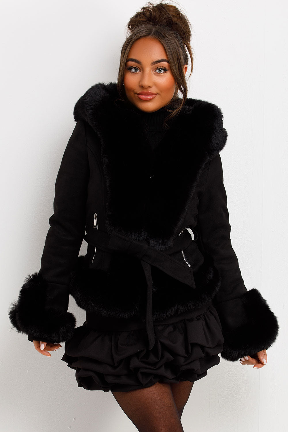 Faux Fur Faux Suede Jacket with Belt Black | Xtralitty