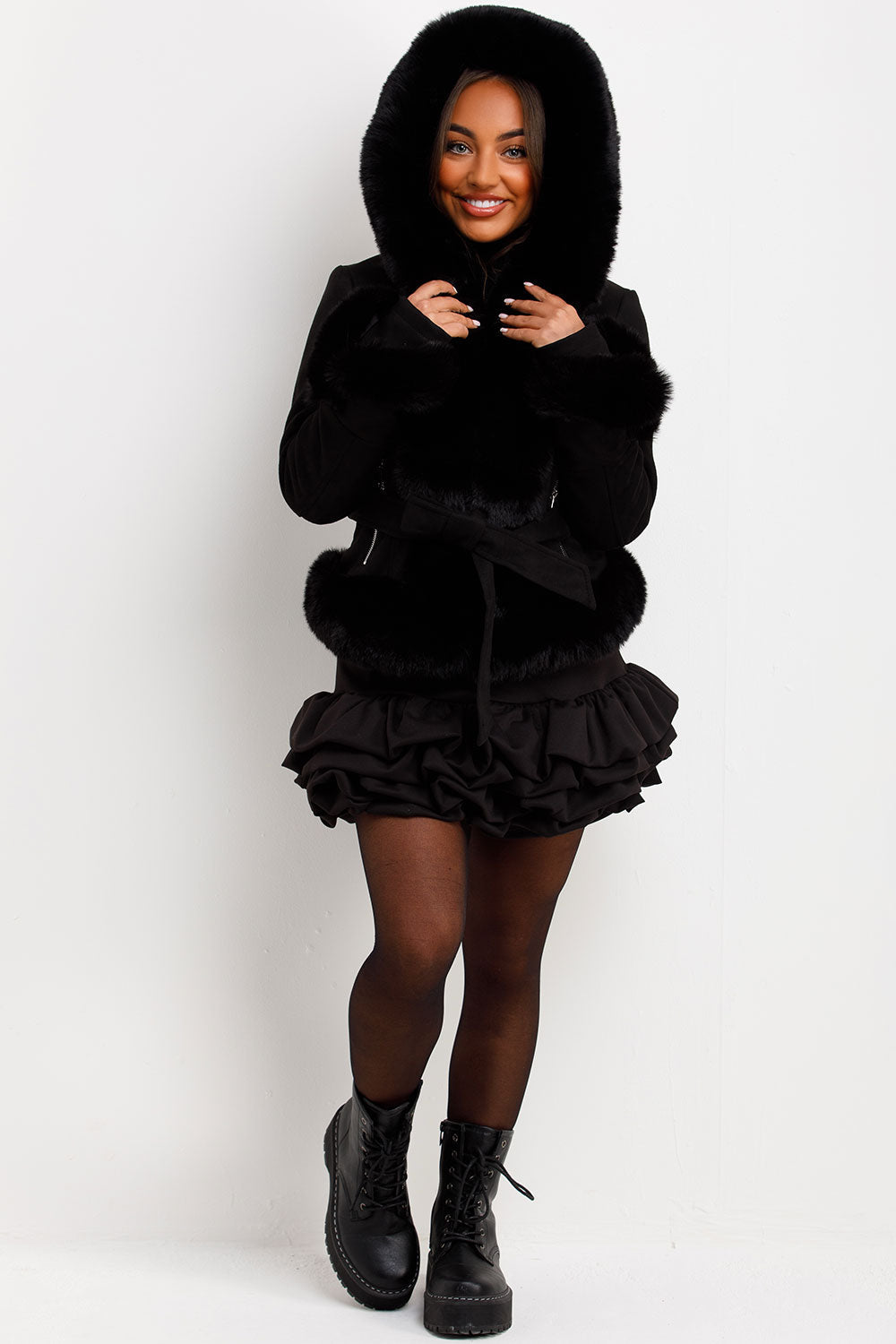 Faux Fur Faux Suede Jacket with Belt Black | Xtralitty
