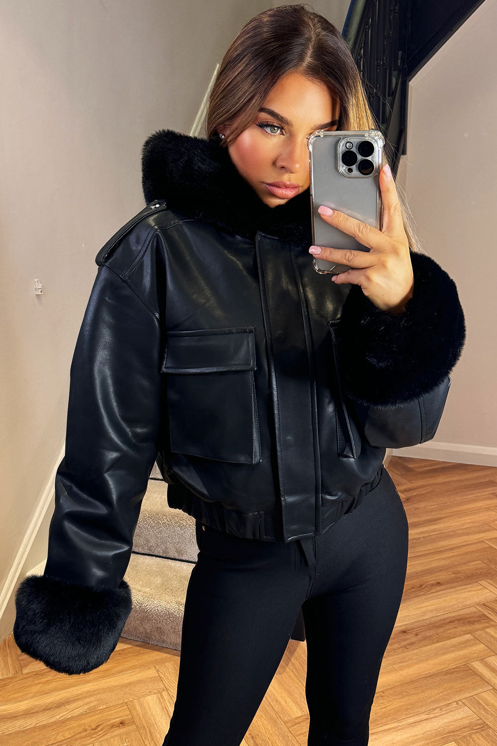 Faux Fur Bomber Jacket in Faux Leather Black | Xtralitty