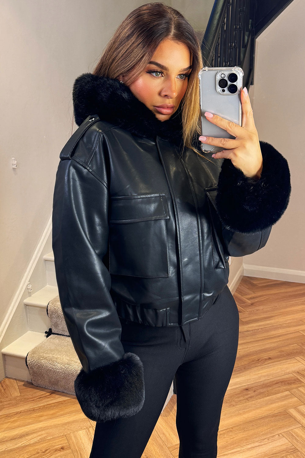 Faux Fur Bomber Jacket in Faux Leather Black | Xtralitty