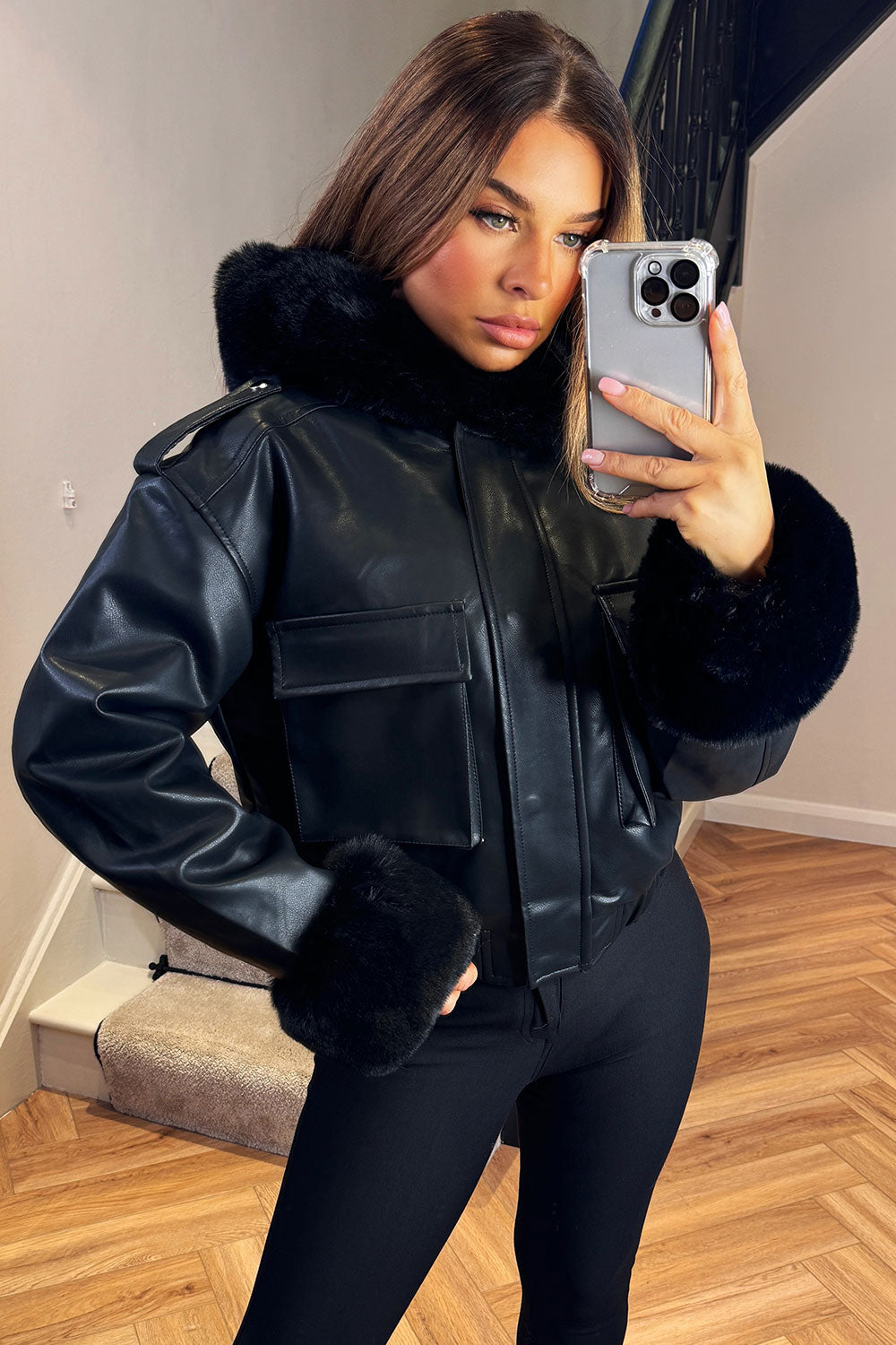 Faux Fur Bomber Jacket in Faux Leather Black | Xtralitty