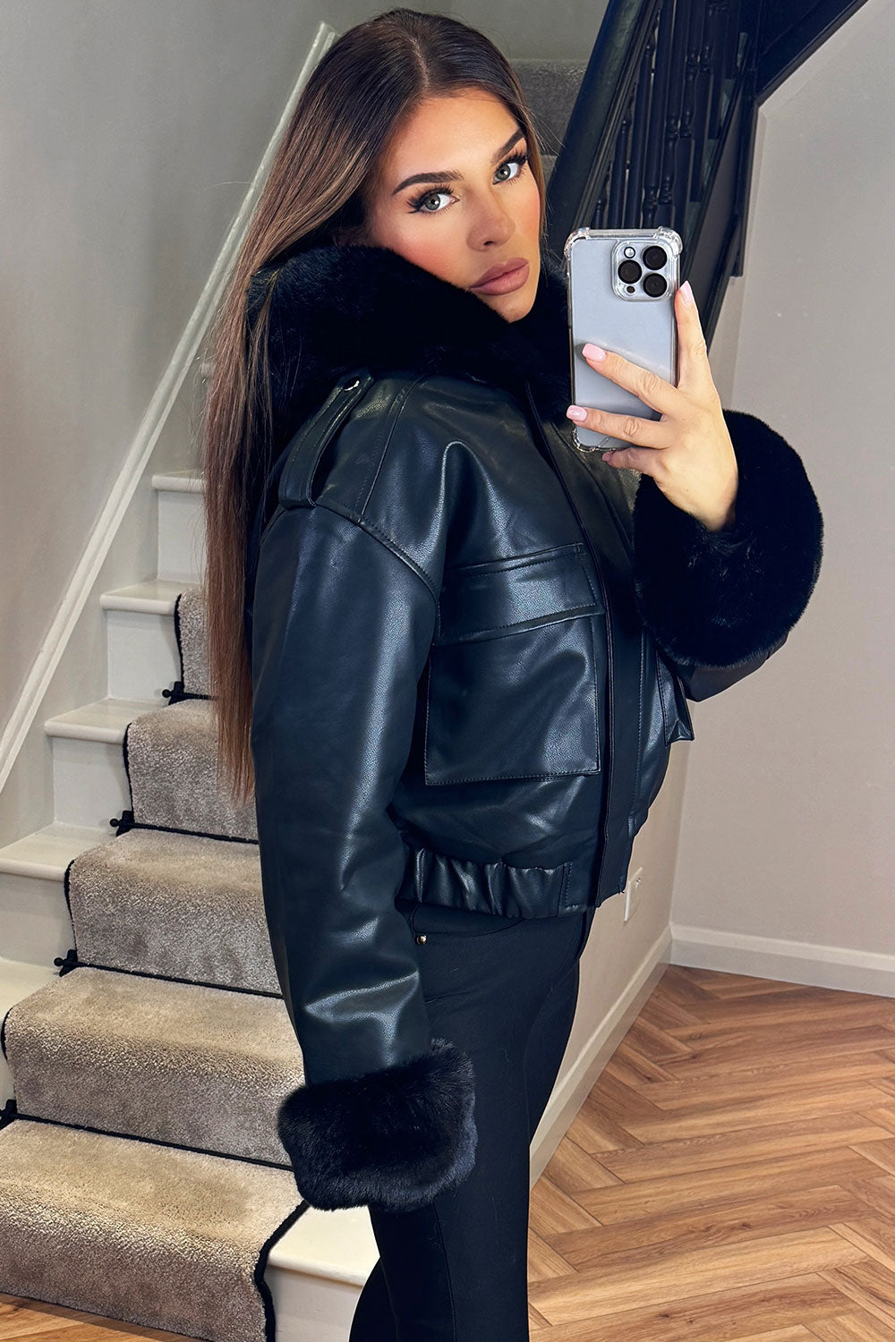 Faux Fur Bomber Jacket in Faux Leather Black | Xtralitty