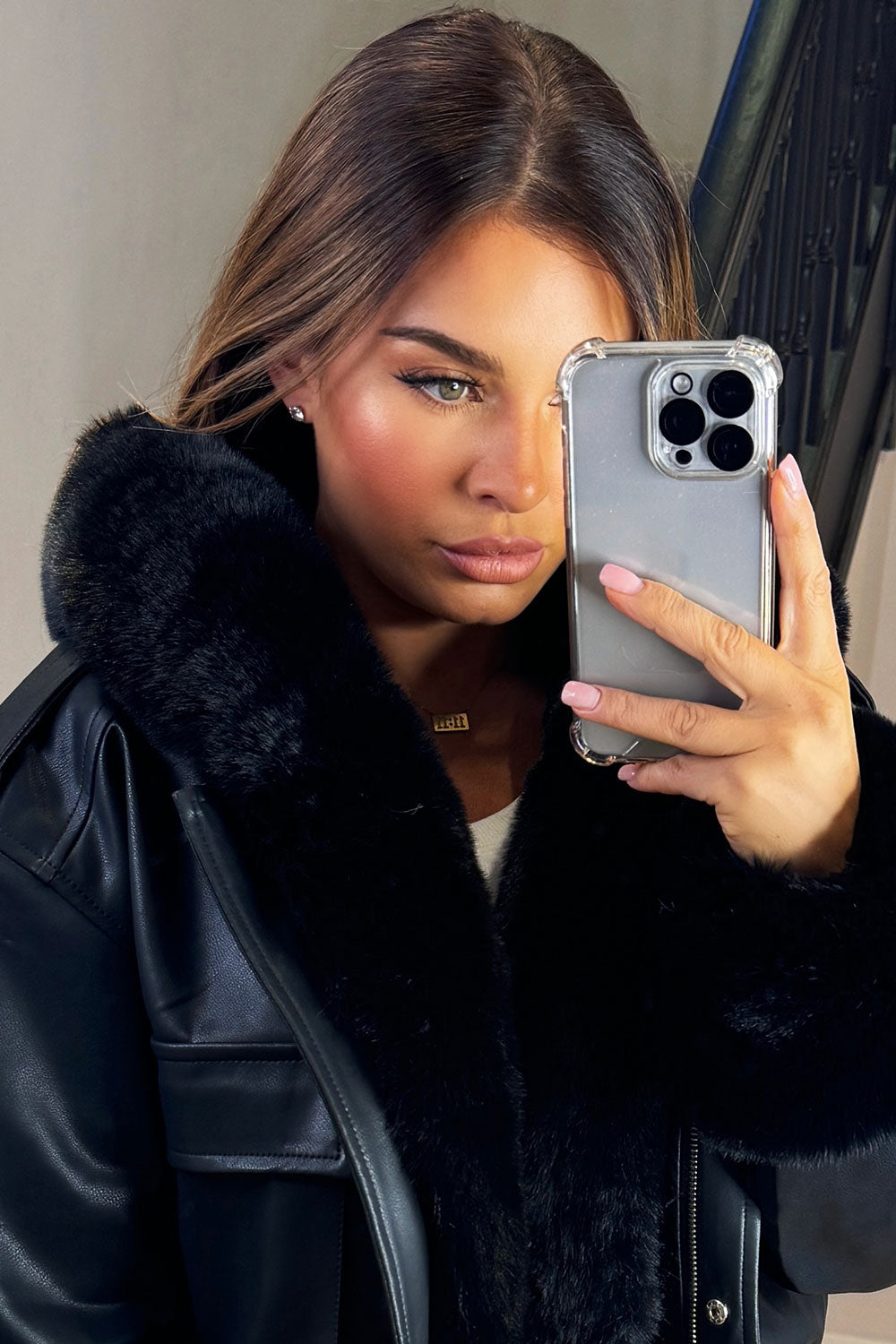 Faux Fur Bomber Jacket in Faux Leather Black | Xtralitty