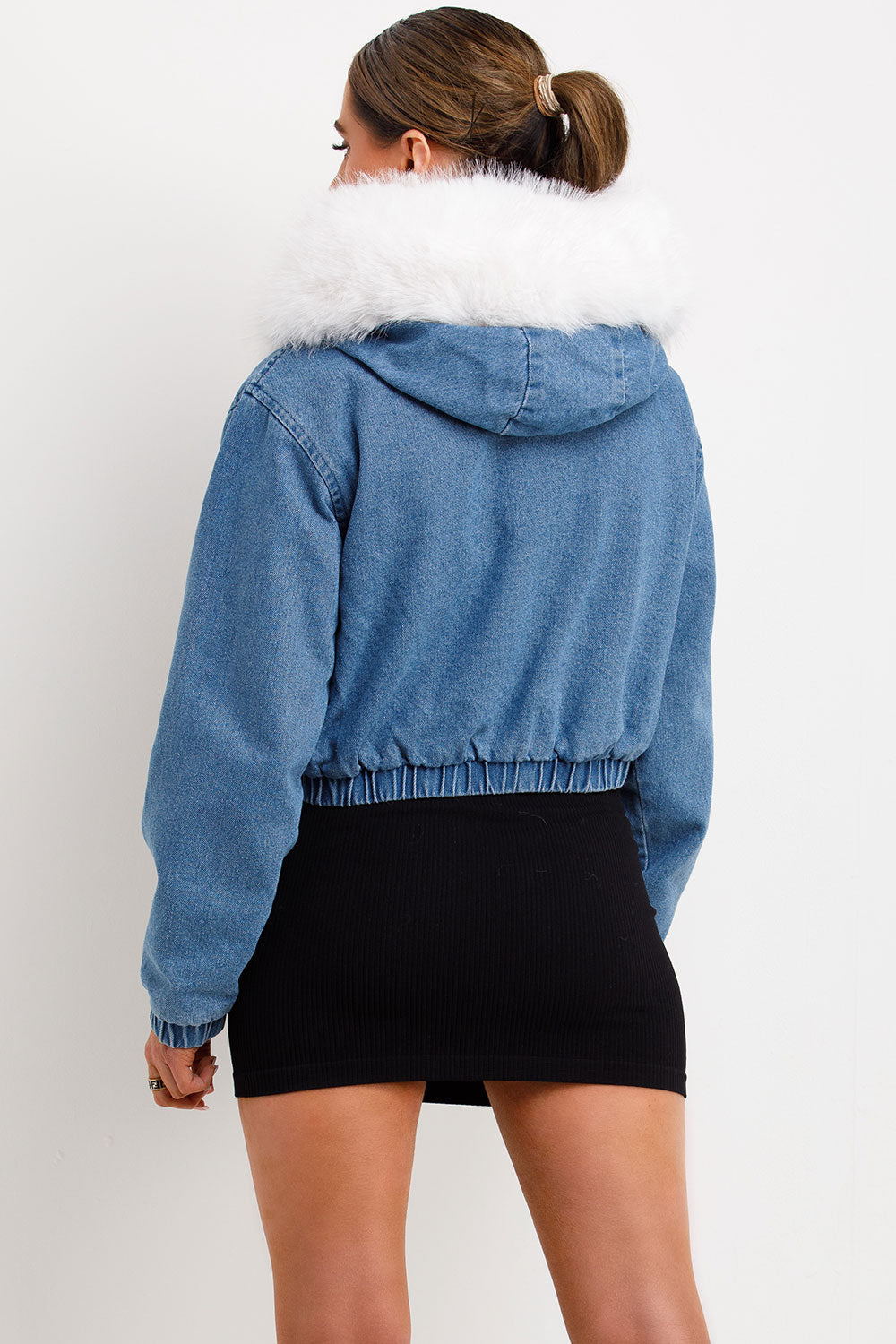 Denim Bomber Jacket with White Faux Fur Hood and | Xtralitty