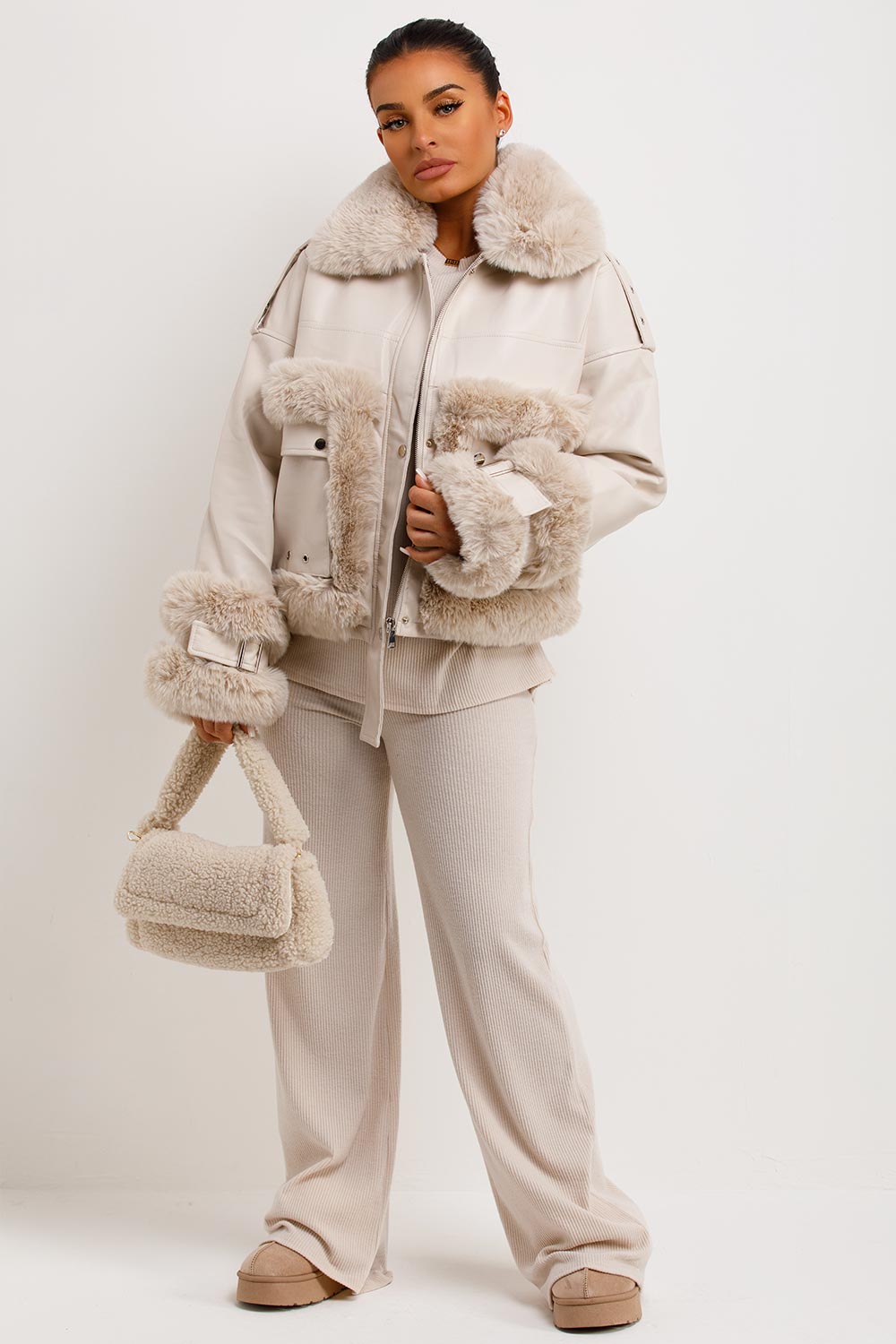 Faux Fur Trim Faux Leather Jacket Beige | Xtralitty