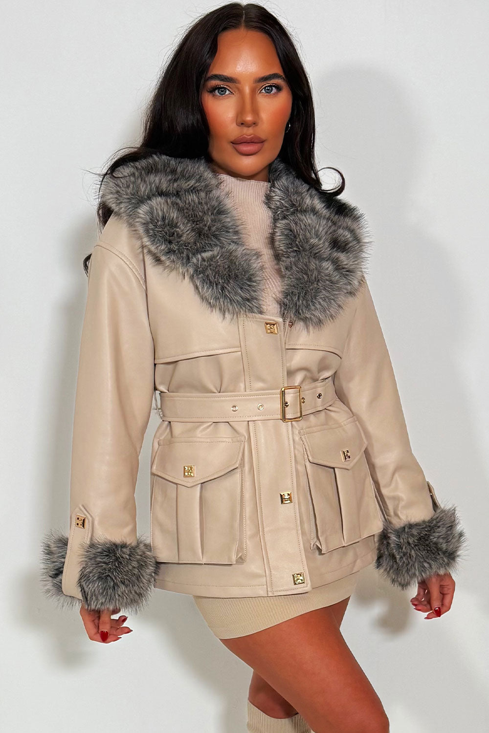 Faux Fur Collar and Cuff Faux Leather Jacket wit | Xtralitty