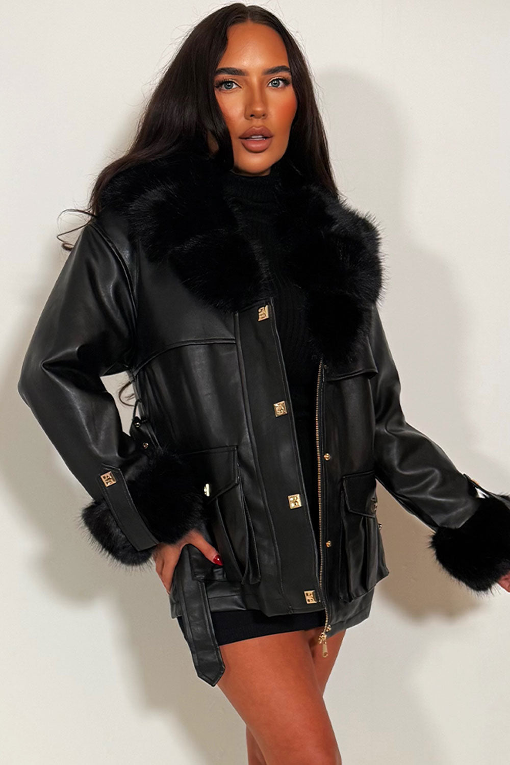 Faux Fur Collar and Cuff Faux Leather Jacket wit | Xtralitty