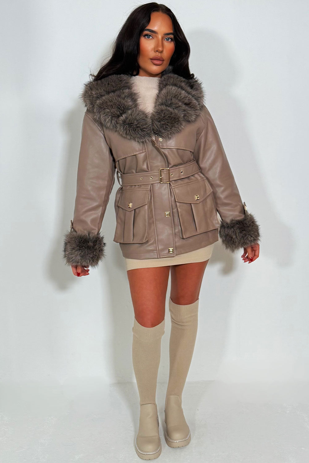 Faux Fur Collar and Cuff Faux Leather Jacket wit | Xtralitty