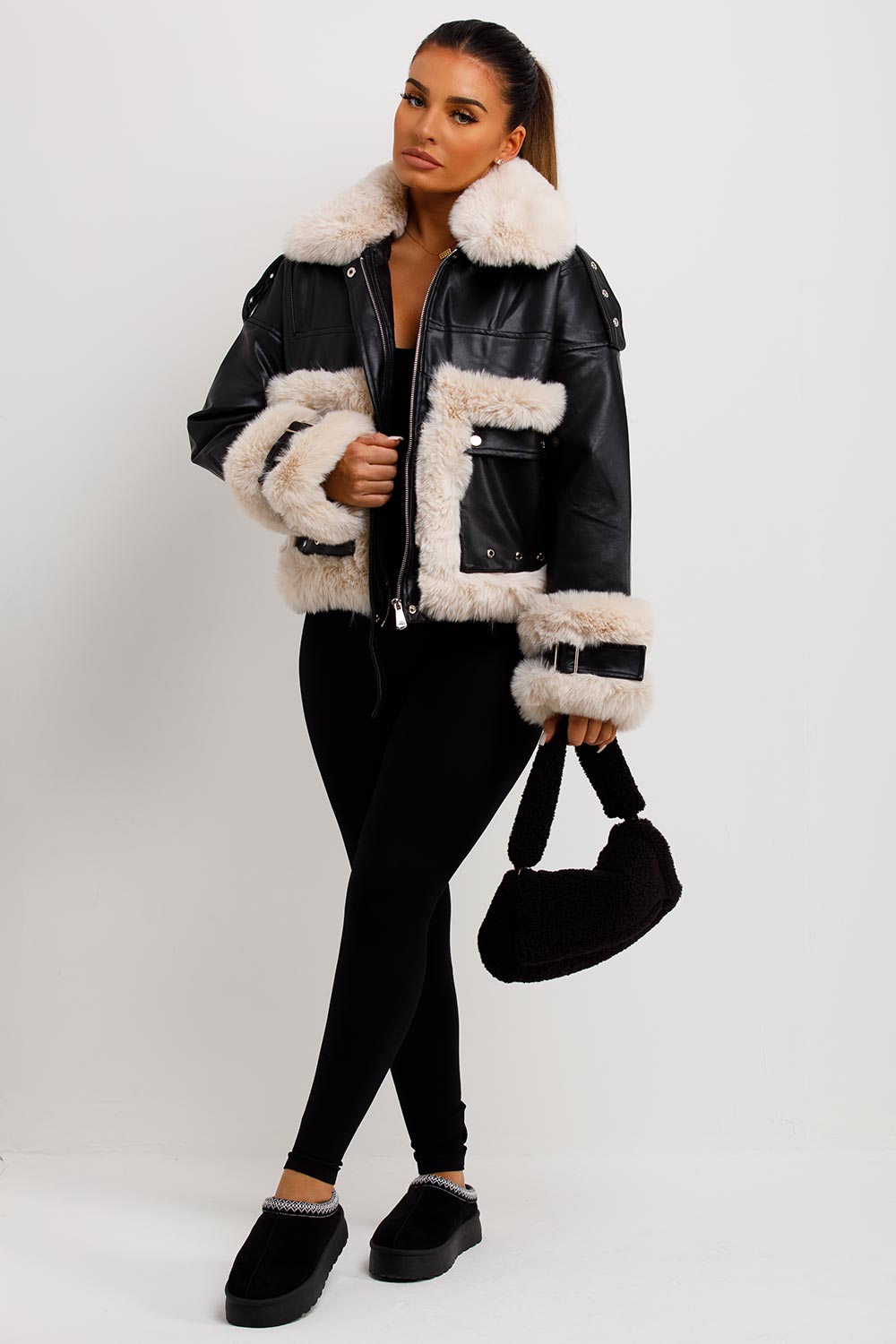 Faux Fur Trim Faux Leather Jacket Black | Xtralitty