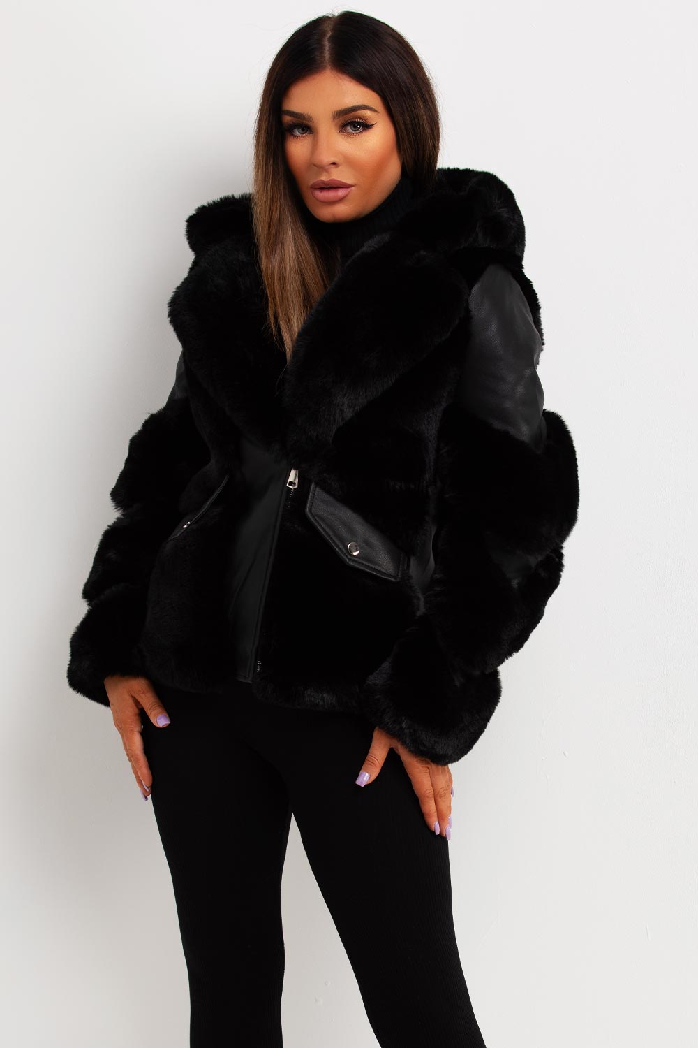 Faux Fur Lined Faux Leather Aviator Jacket Black | Xtralitty