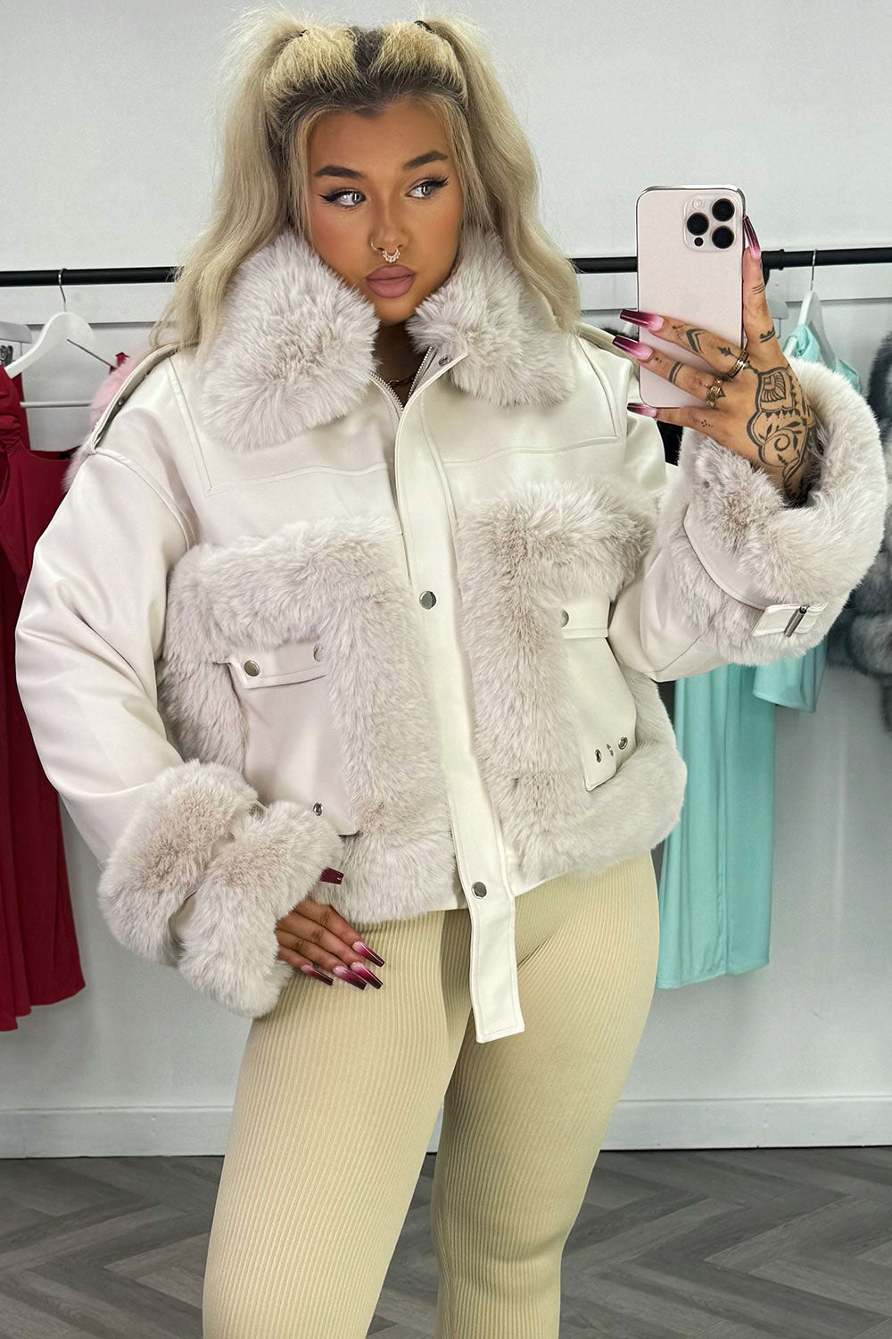 Faux Fur Trim Faux Leather Jacket Beige | Xtralitty