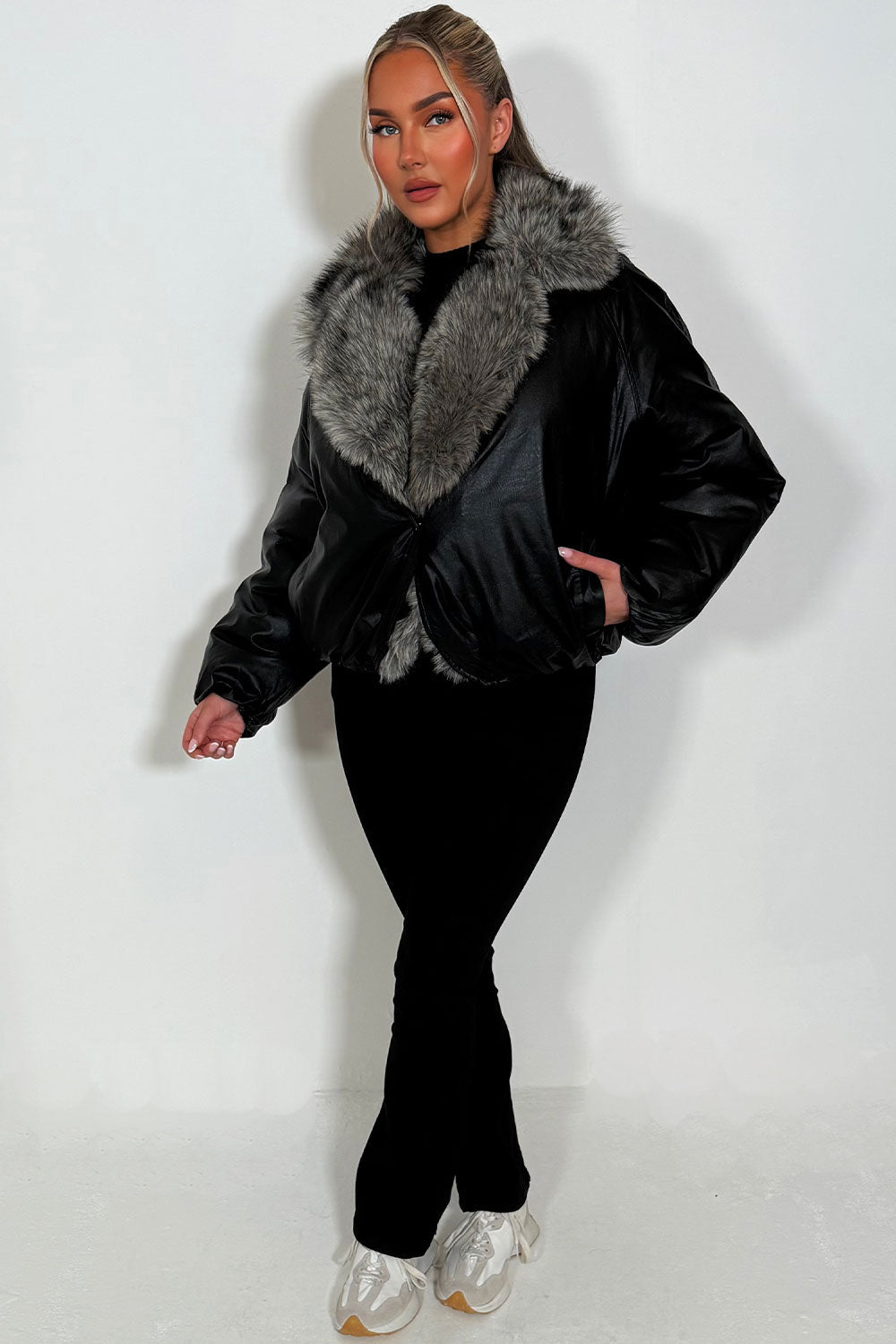 Black Bomber Jacket with Faux Fur Collar and Tri | Xtralitty
