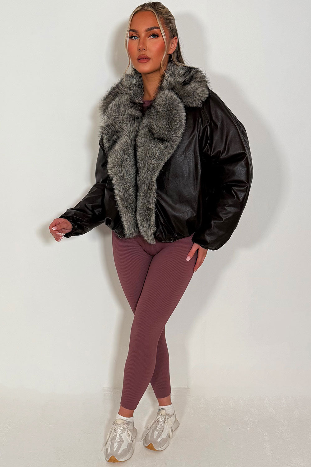 Brown Bomber Jacket with Faux Fur Collar and Tri | Xtralitty