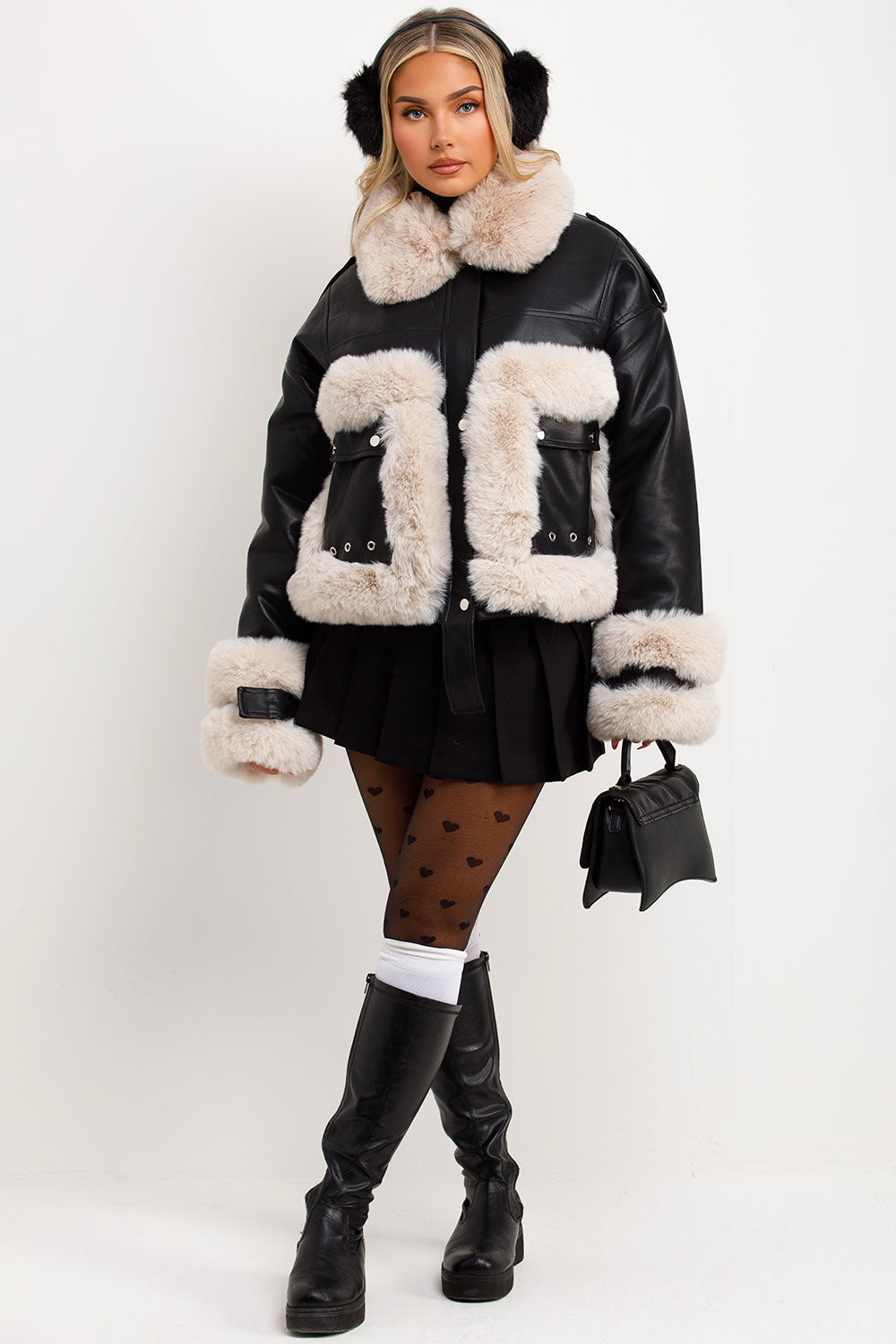 Faux Fur Trim Faux Leather Jacket Black | Xtralitty