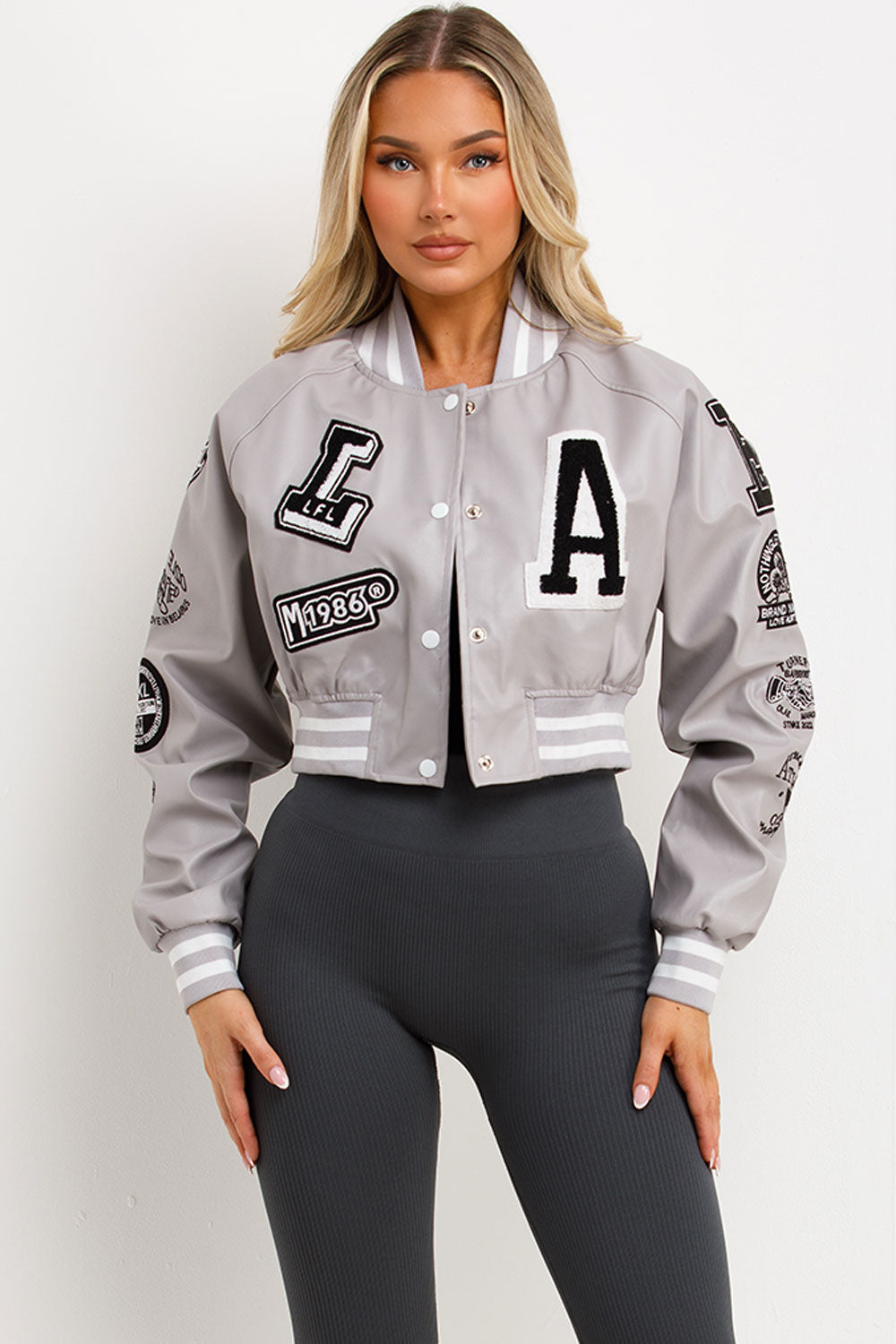 Grey Varsity Bomber Faux Leather Jacket with Let | Xtralitty