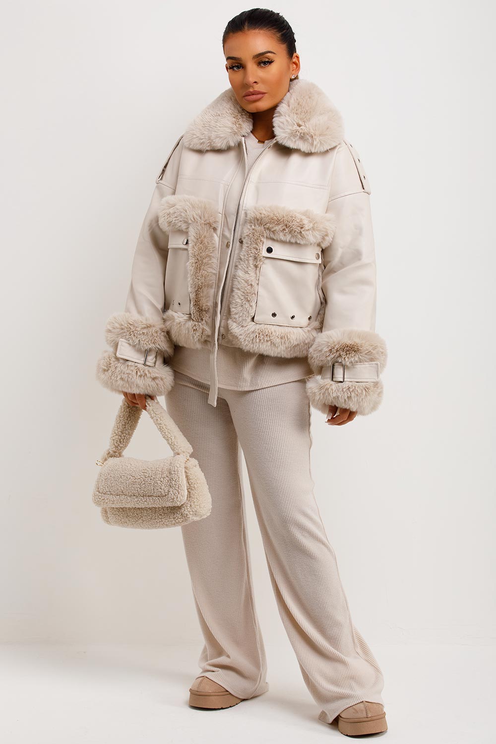 Faux Fur Trim Faux Leather Jacket Beige | Xtralitty