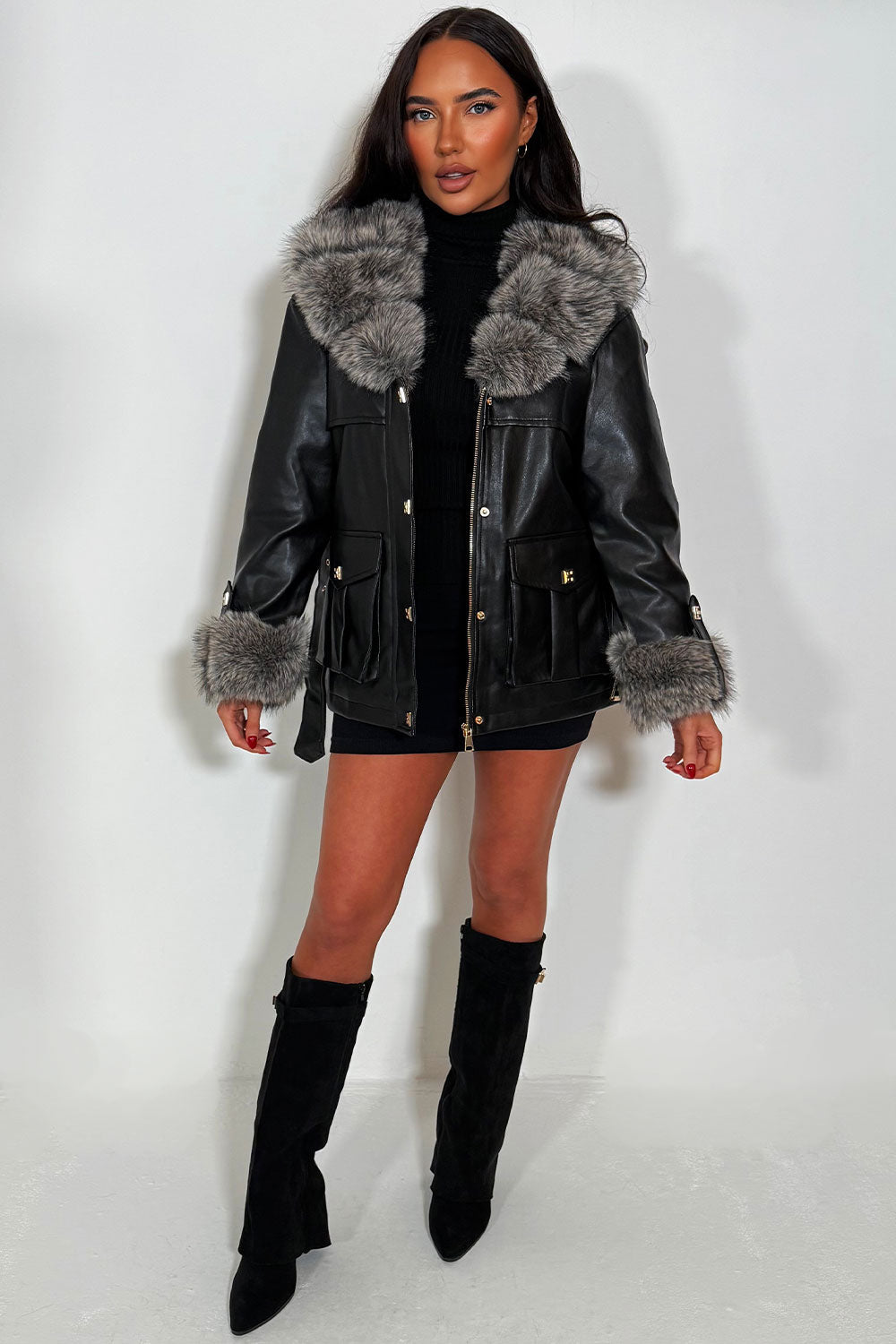 Contrast Faux Fur Collar and Cuff Faux Leather J | Xtralitty