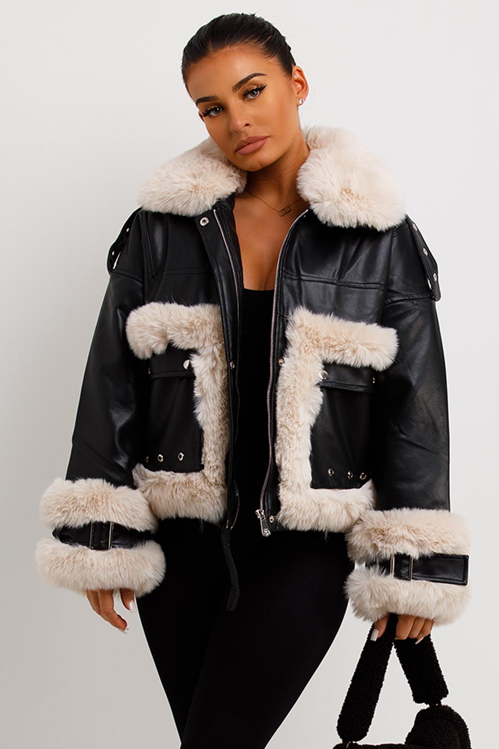 Faux Fur Trim Faux Leather Jacket Black | Xtralitty