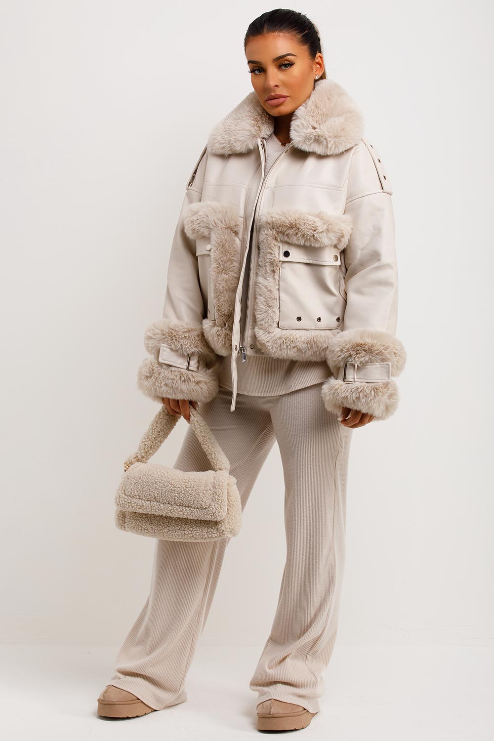Faux Fur Trim Faux Leather Jacket Beige | Xtralitty