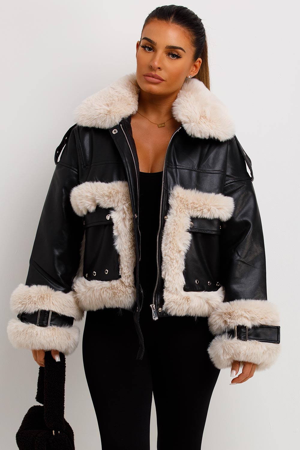 Faux Fur Trim Faux Leather Jacket Black | Xtralitty