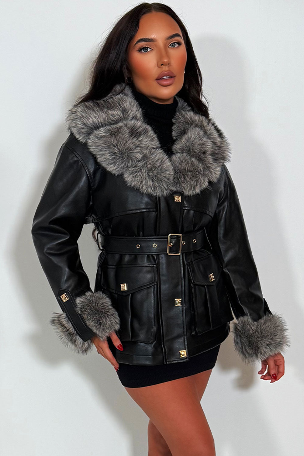 Contrast Faux Fur Collar and Cuff Faux Leather J | Xtralitty