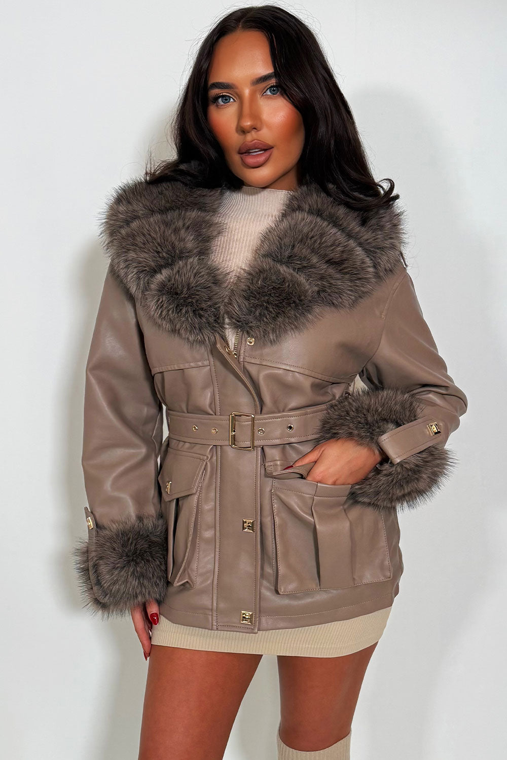 Faux Fur Collar and Cuff Faux Leather Jacket wit | Xtralitty