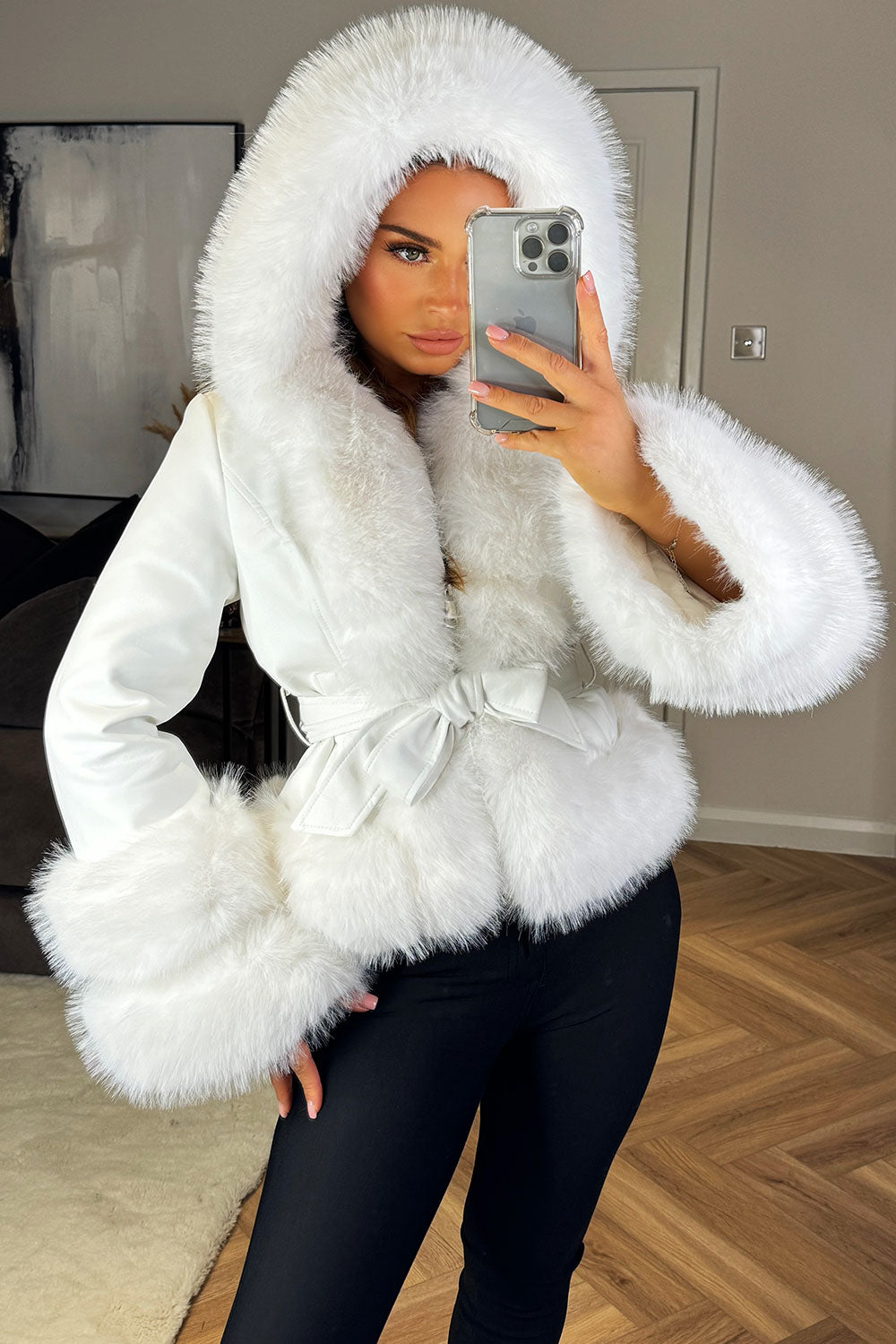 Faux Leather Fur Coat with Hood and Belt White | Xtralitty