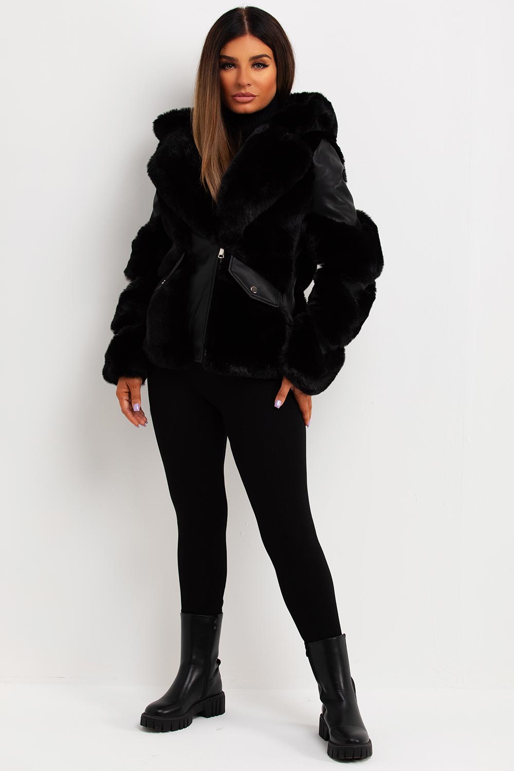 Faux Fur Lined Faux Leather Aviator Jacket Black | Xtralitty