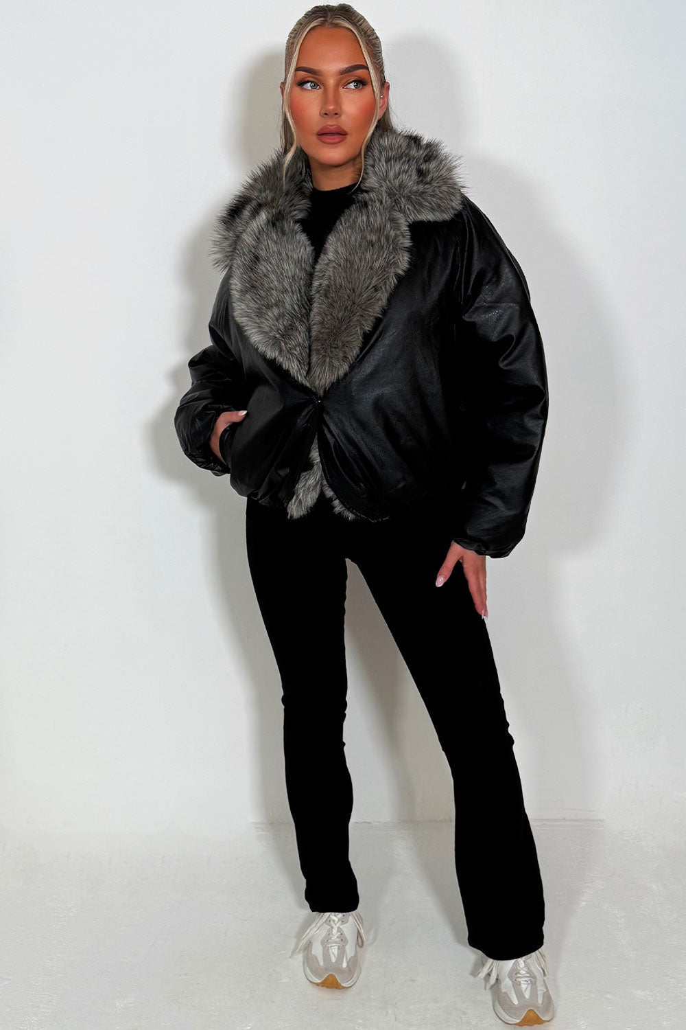 Black Bomber Jacket with Faux Fur Collar and Tri | Xtralitty