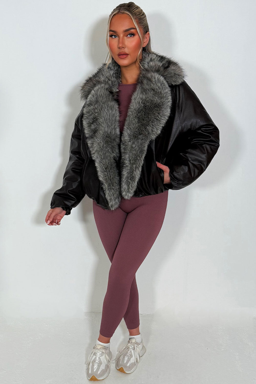 Brown Bomber Jacket with Faux Fur Collar and Tri | Xtralitty