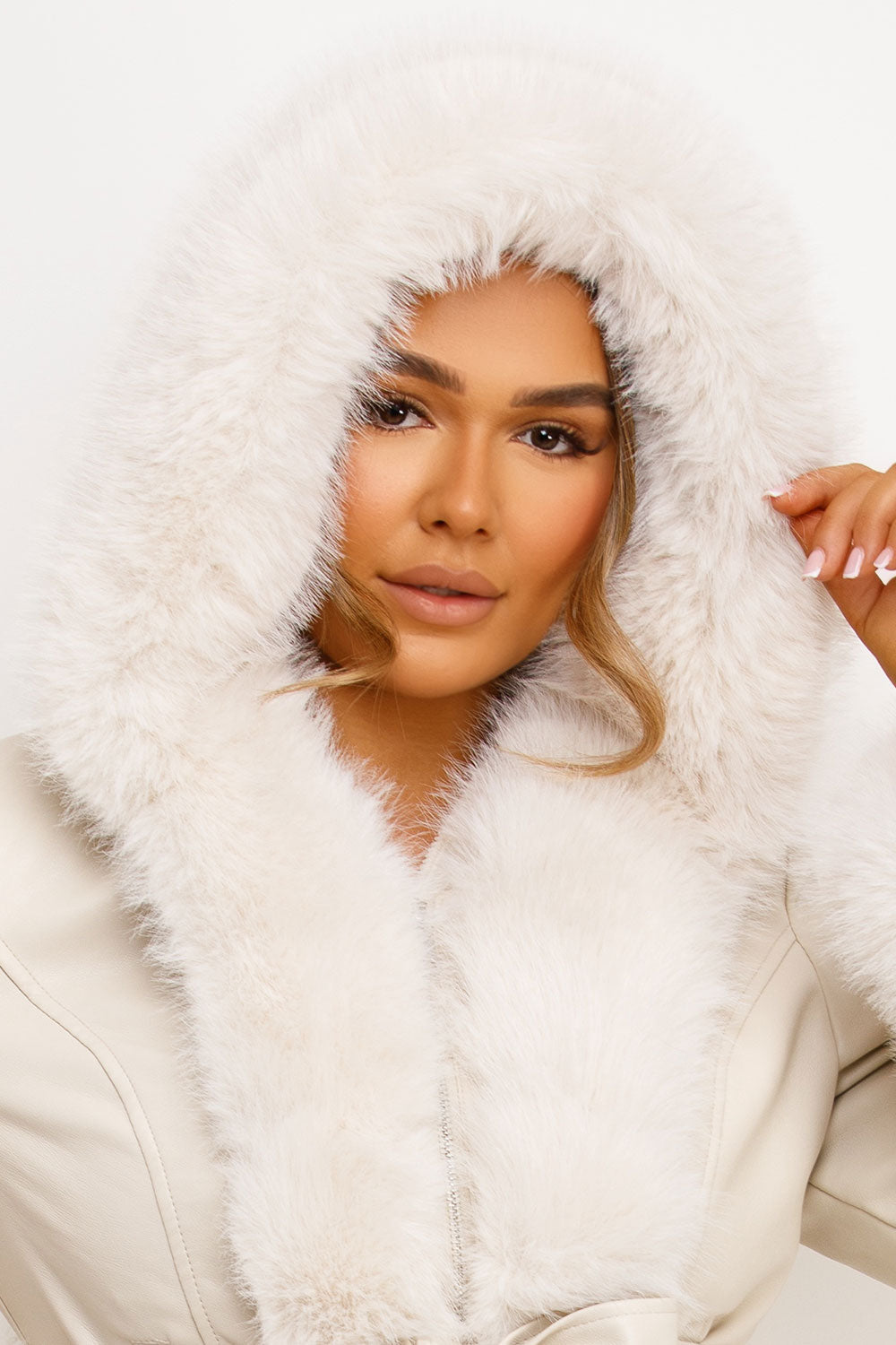 Faux Leather Fur Coat with Hood and Belt Beige | Xtralitty