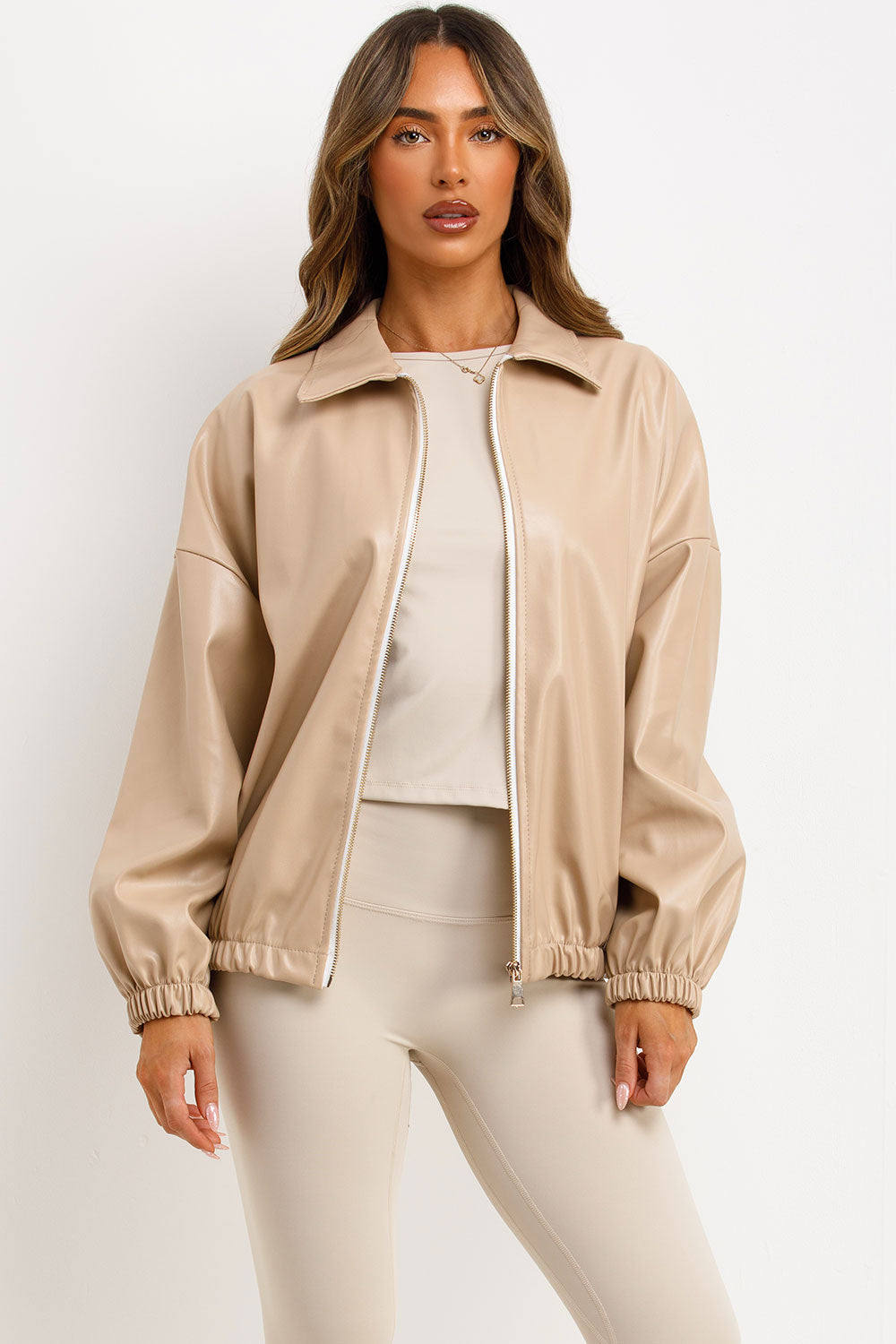 Faux Leather Bomber Jacket Beige | Xtralitty