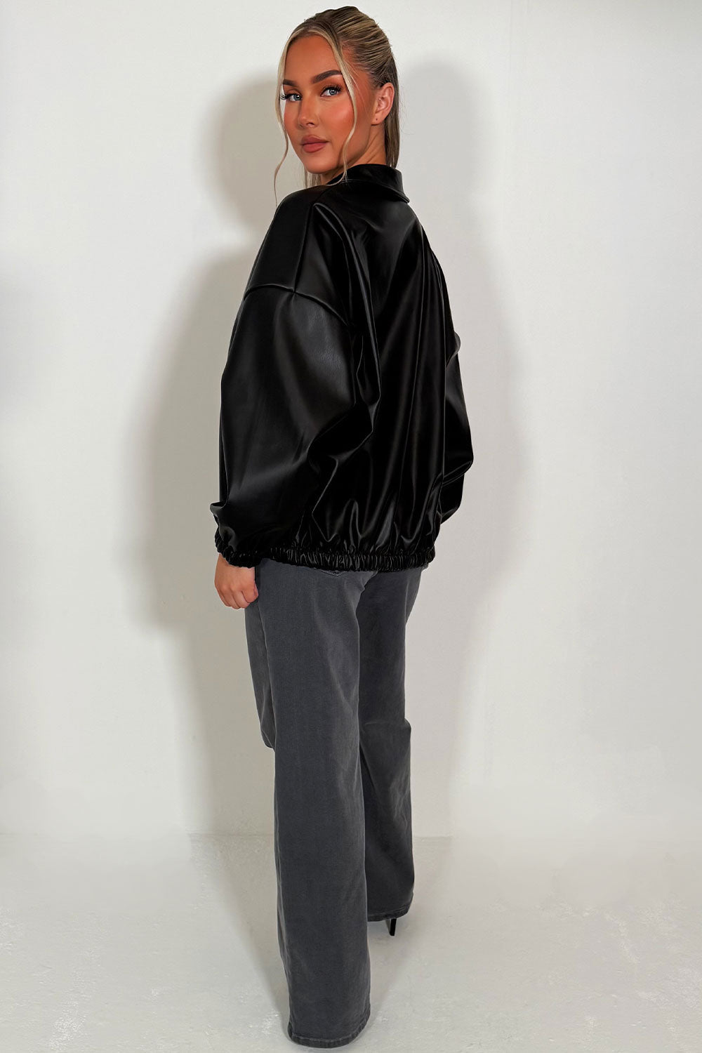 Black Faux Leather Bomber Jacket | Xtralitty