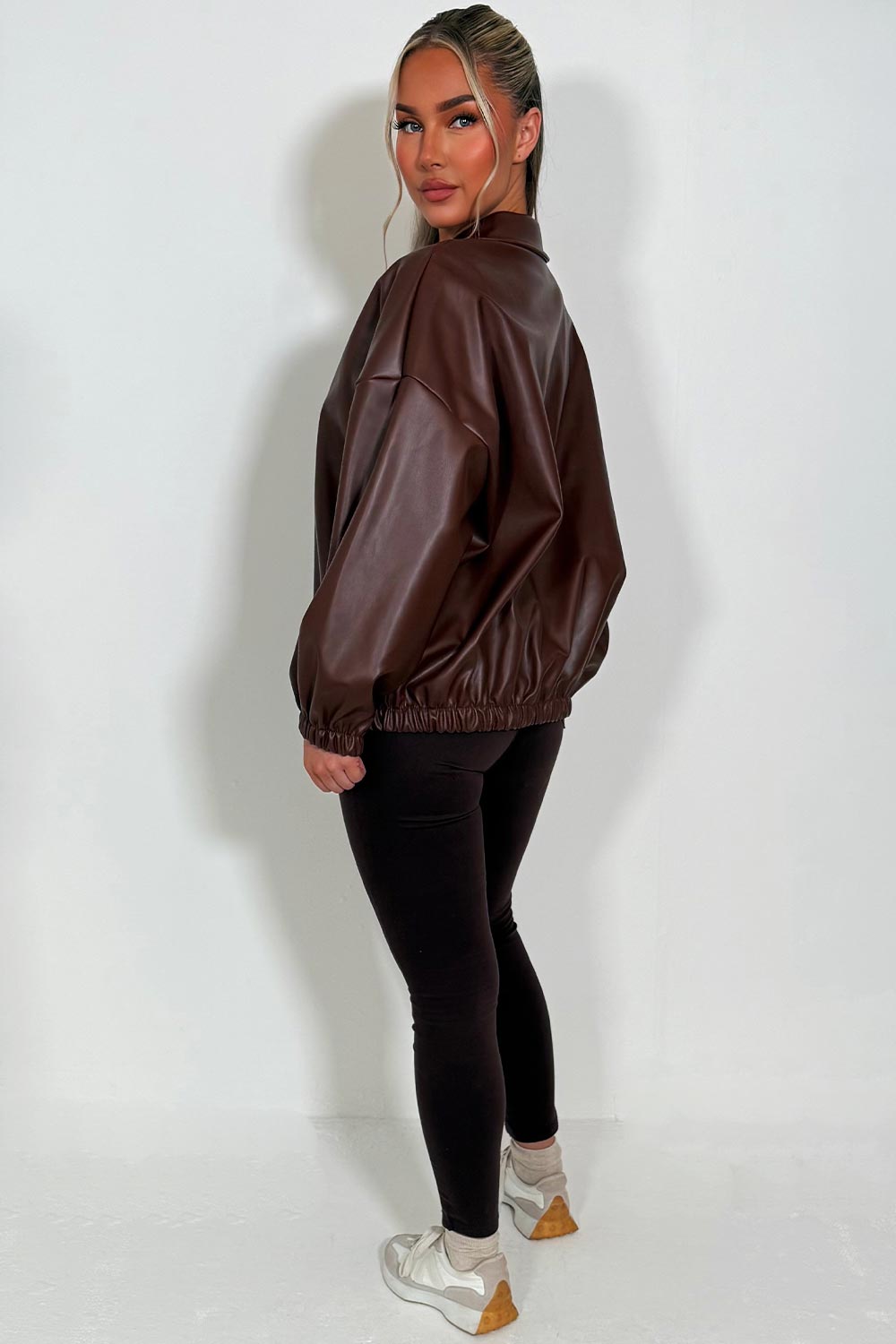 Faux Leather Bomber Jacket Brown | Xtralitty