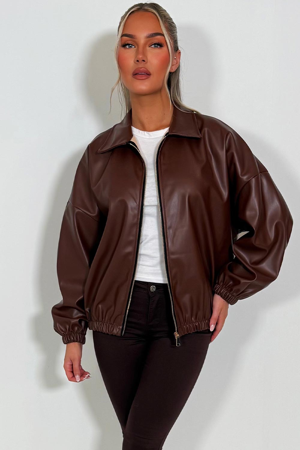 Faux Leather Bomber Jacket Brown | Xtralitty