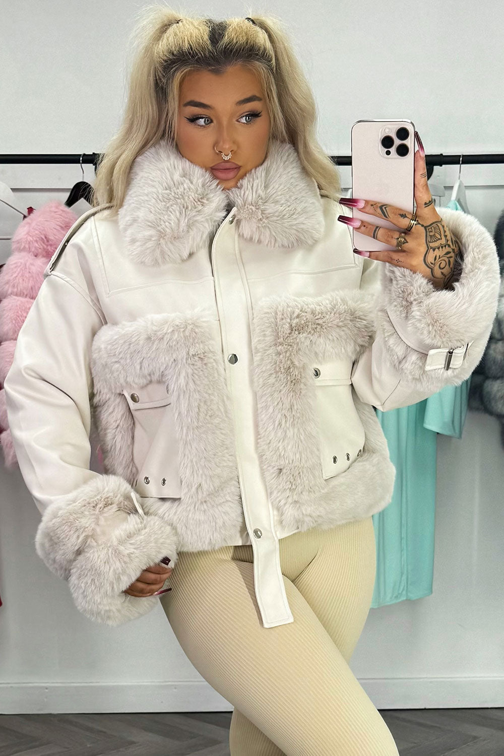 Faux Fur Trim Faux Leather Jacket Beige | Xtralitty