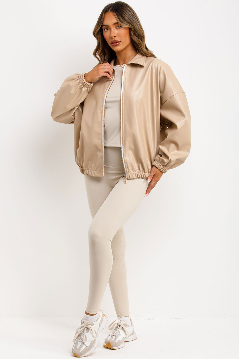 Faux Leather Bomber Jacket Beige | Xtralitty