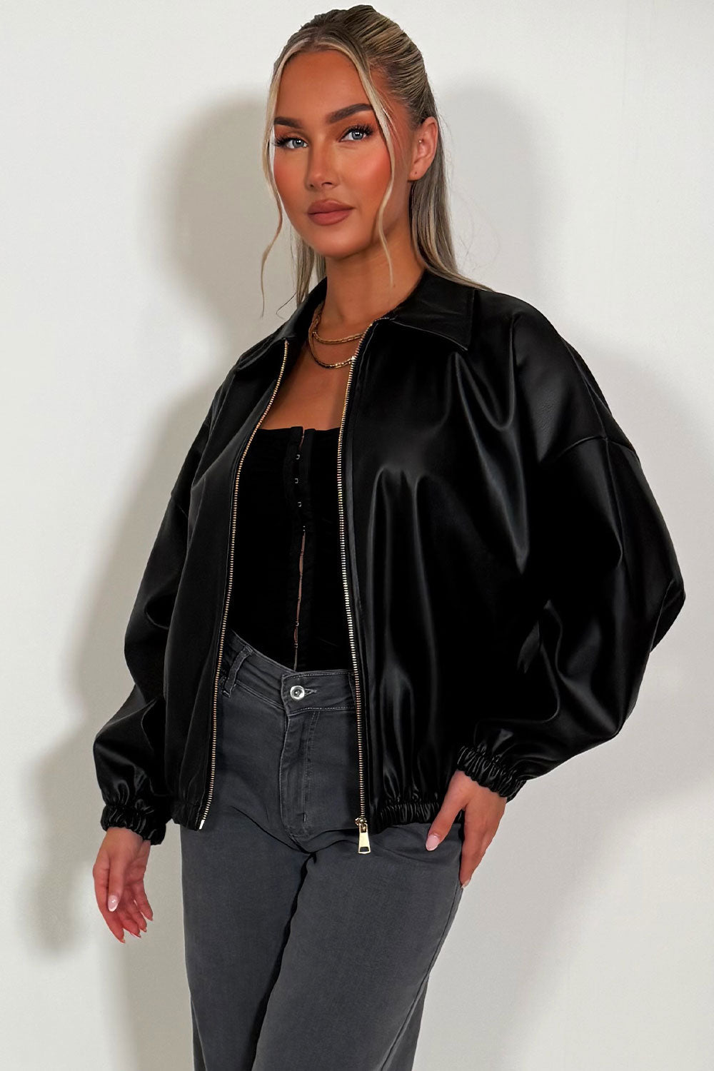 Black Faux Leather Bomber Jacket | Xtralitty