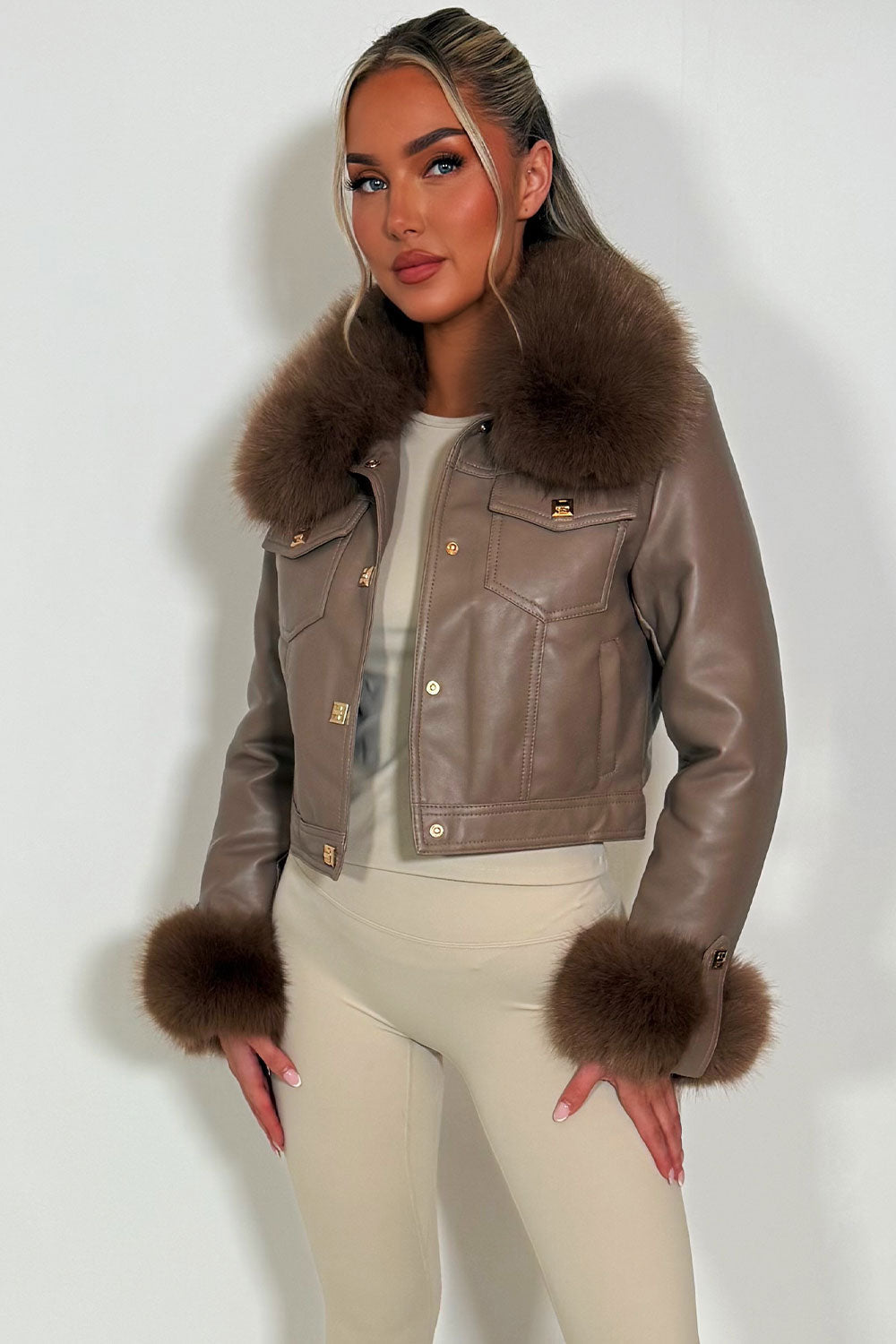 Taupe Faux Fur Faux Leather Bomber Jacket with G | Xtralitty