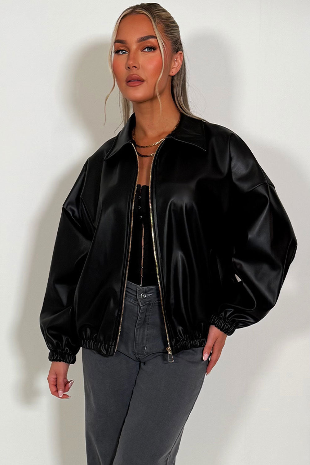 Black Faux Leather Bomber Jacket | Xtralitty
