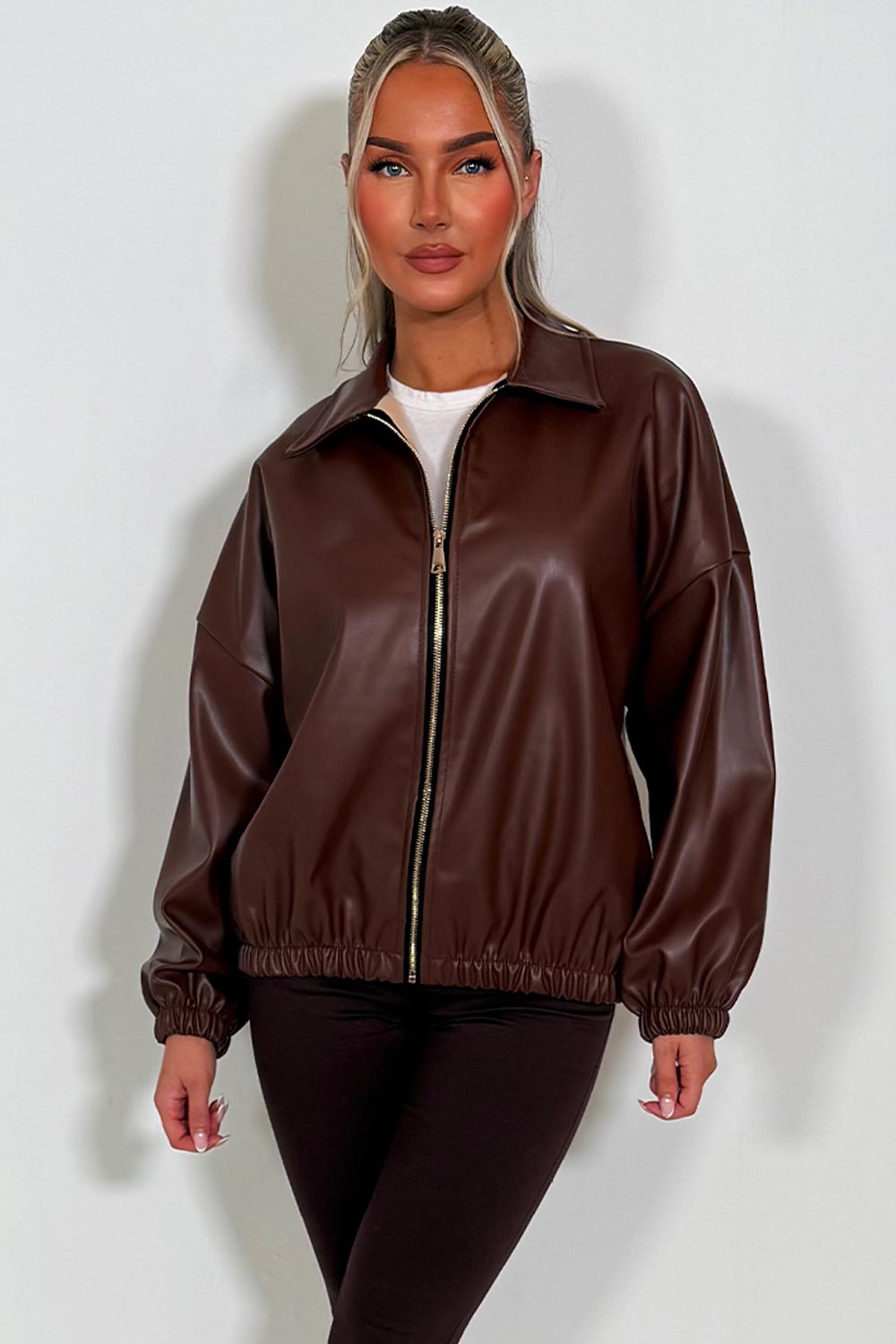 Faux Leather Bomber Jacket Brown | Xtralitty