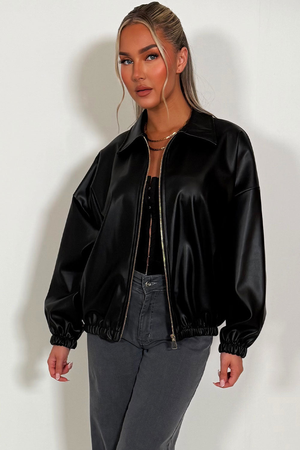 Black Faux Leather Bomber Jacket | Xtralitty