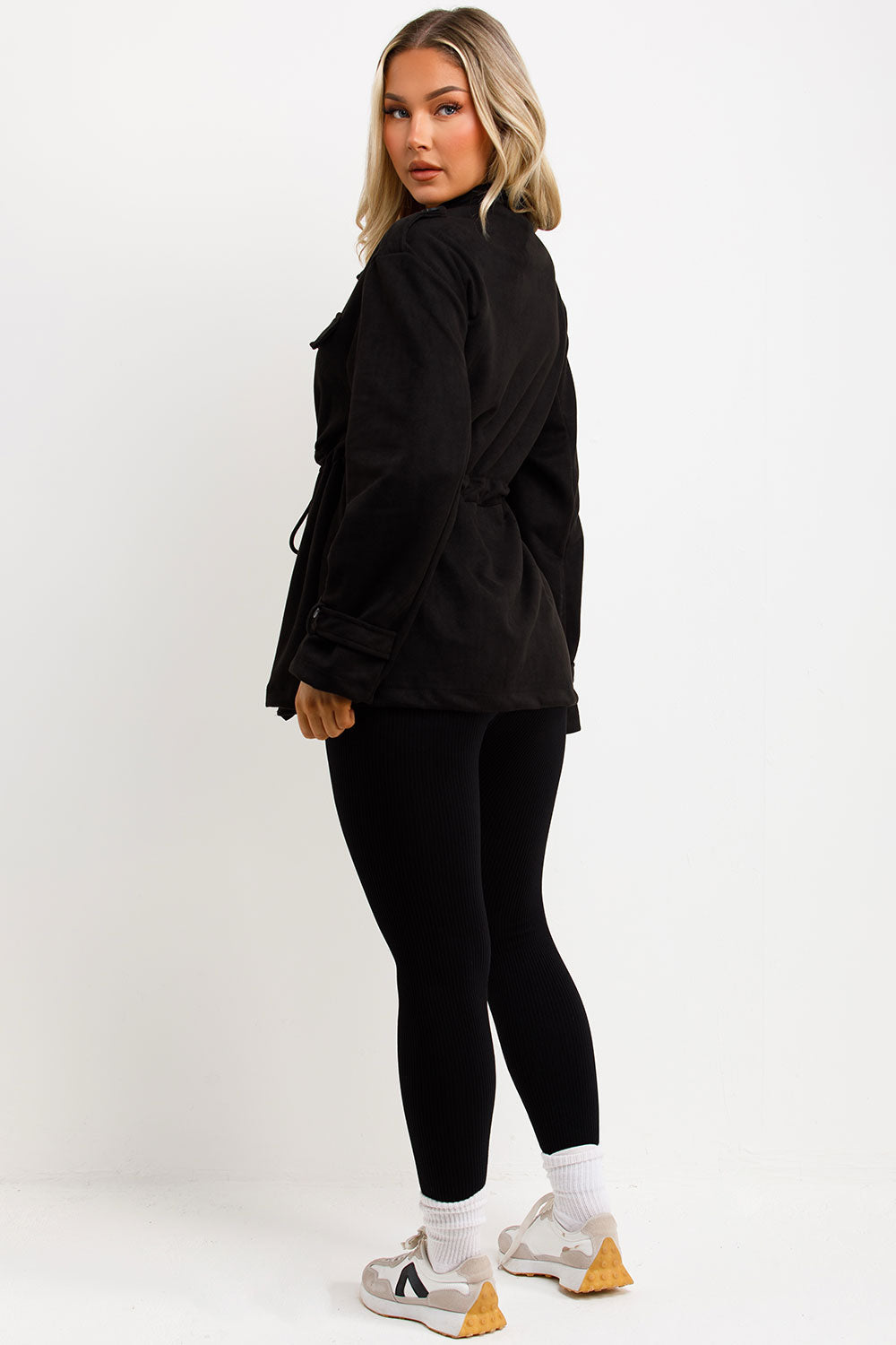 Faux Suede Jacket with Drawstring Waist Black | Xtralitty