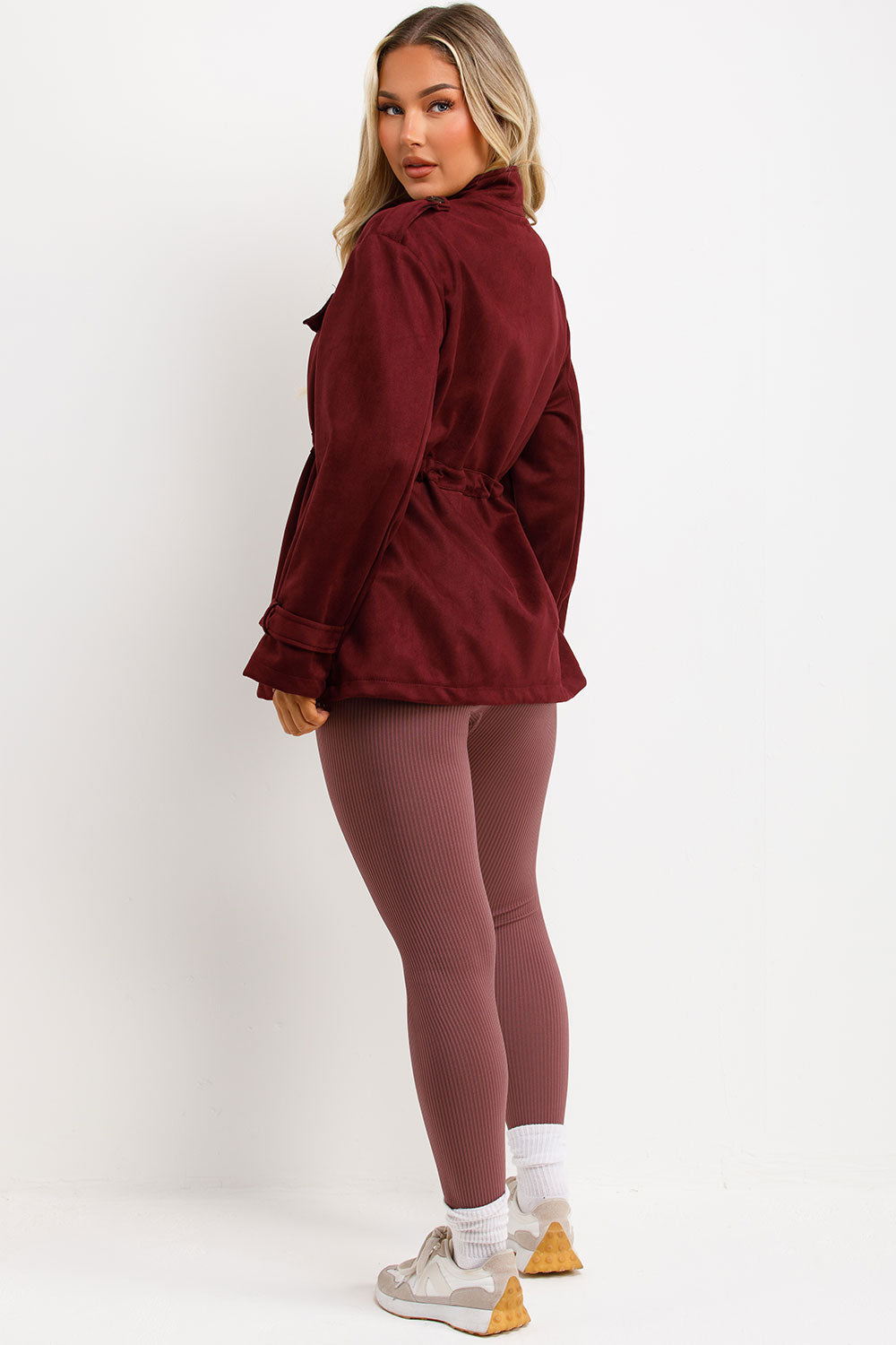 Faux Suede Jacket with Drawstring Waist Burgundy | Xtralitty