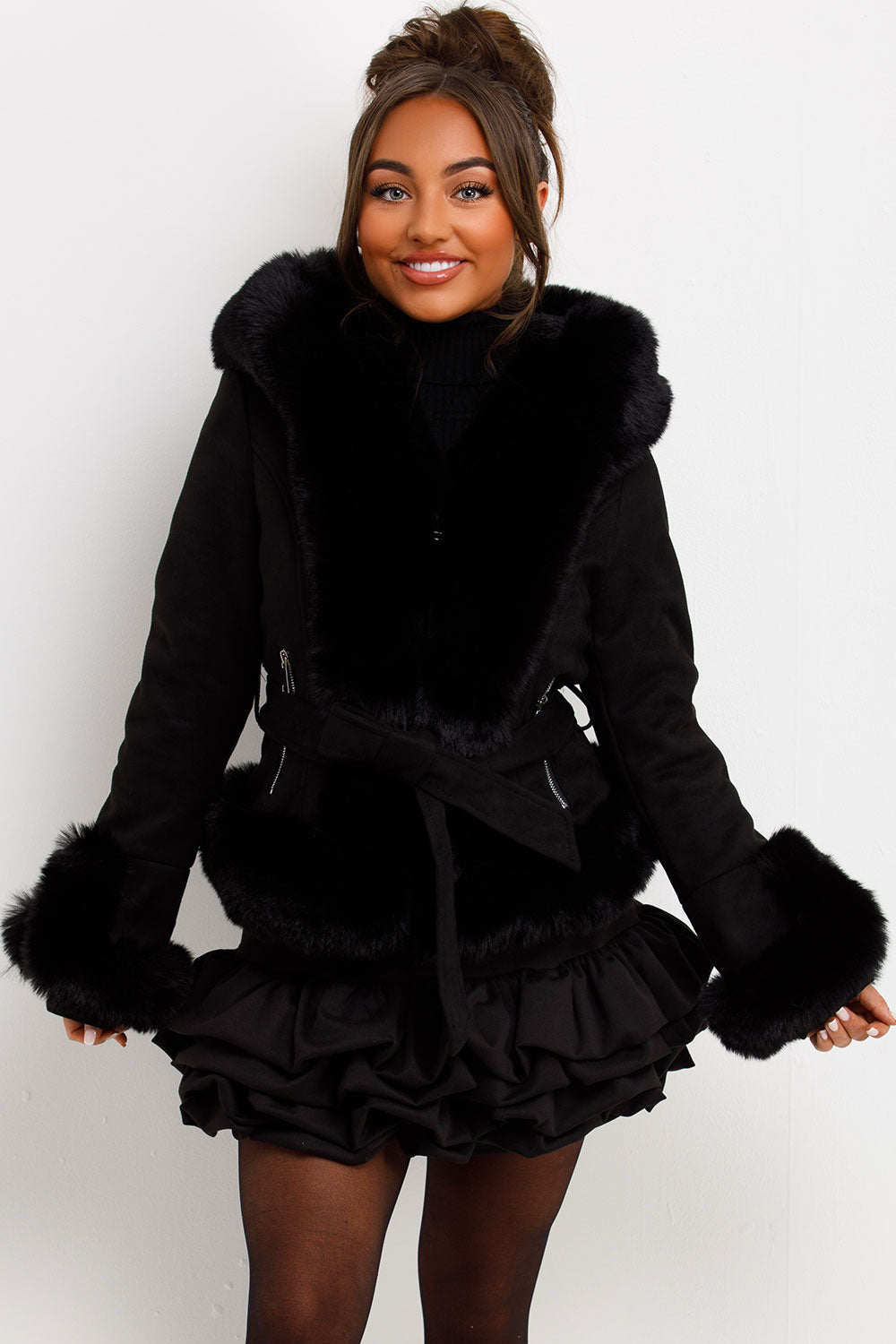Faux Fur Faux Suede Jacket with Belt Black | Xtralitty