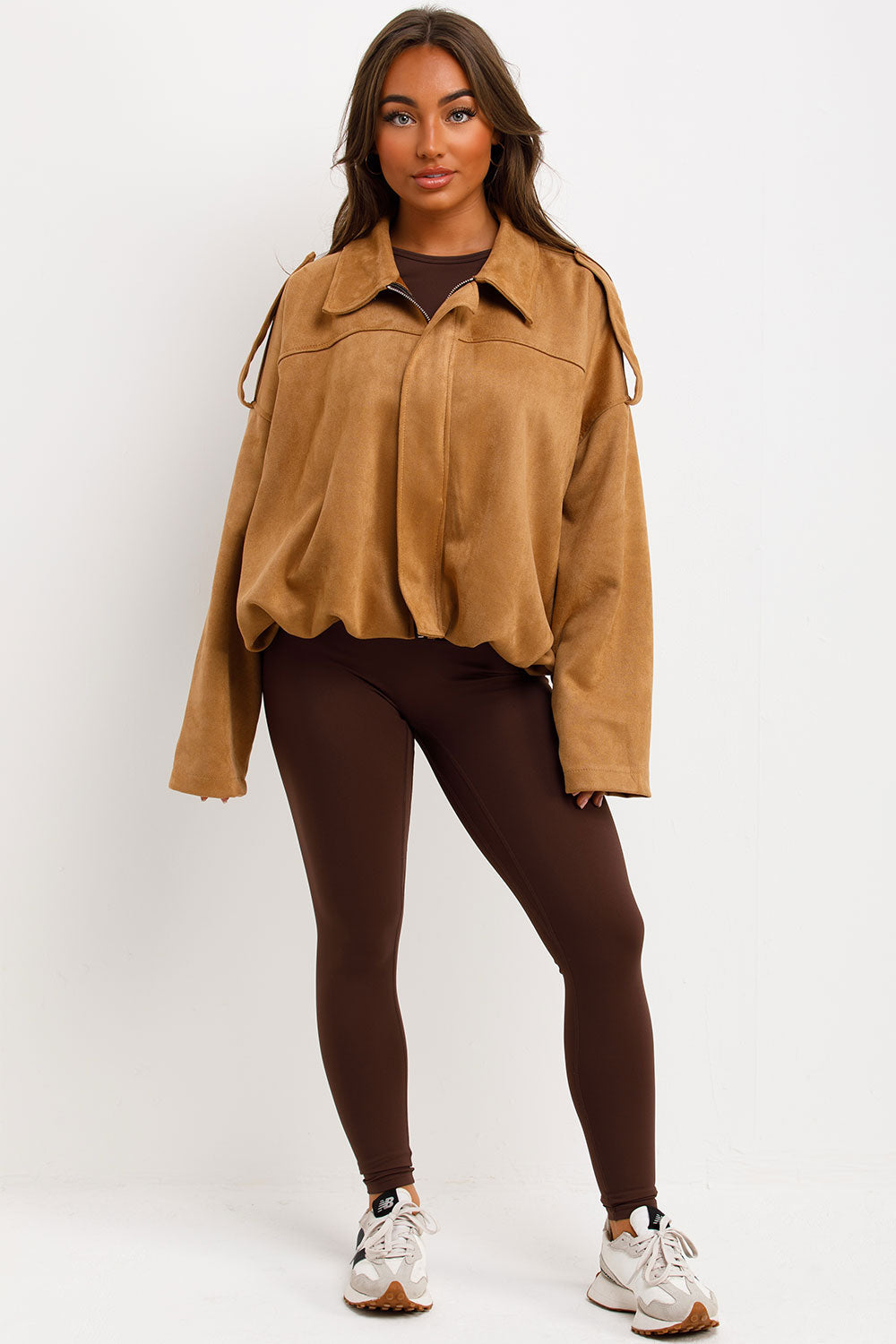 Faux Suede Bomber Jacket with Tabs Taupe | Xtralitty