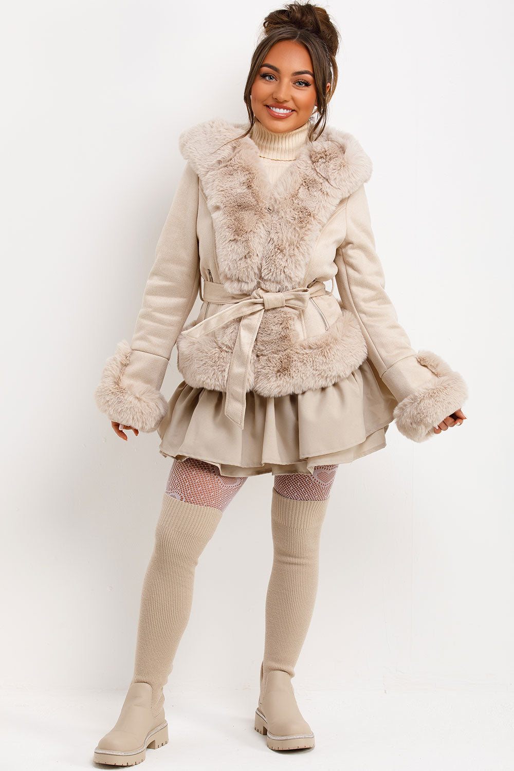 Faux Fur Faux Suede Jacket with Belt Beige | Xtralitty