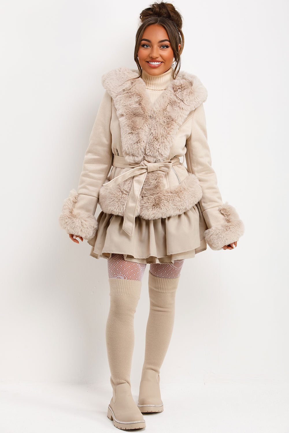 Faux Fur Faux Suede Jacket with Belt Beige | Xtralitty