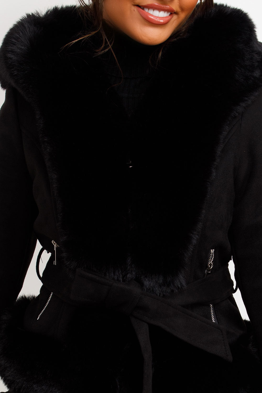 Faux Fur Faux Suede Jacket with Belt Black | Xtralitty